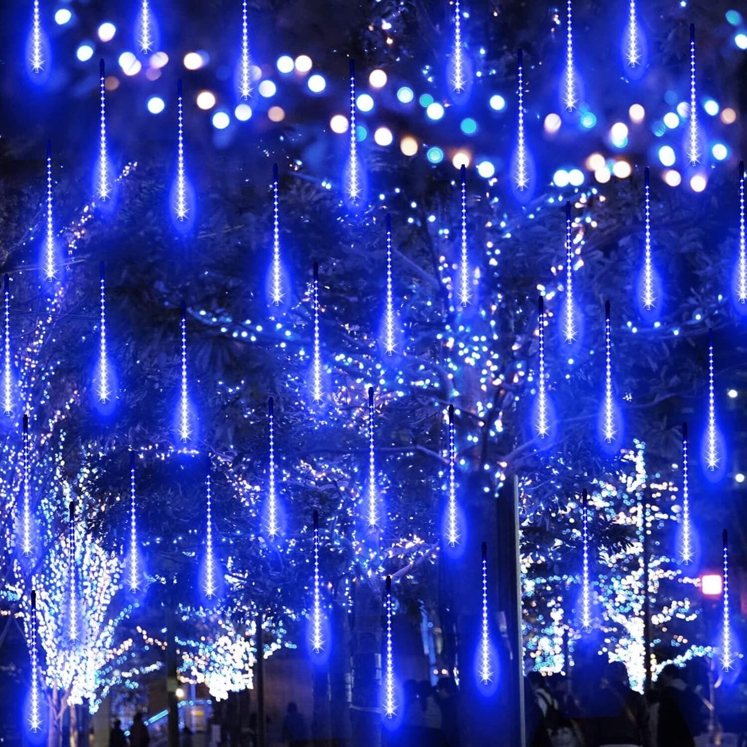11.8 Inch 10 Tubes 240 Led Meteor Shower Raindrop Lights With Timer Function Cascading Lights Led Icicle Lights Falling Raindrop Lights For Holiday Party Wedding Christmas Tree Decoration (Blue)