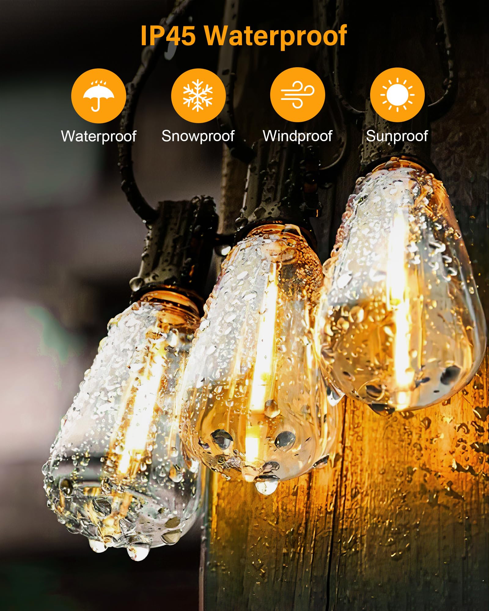 Doukedge Outdoor String Lights Waterproof, 50Ft Patio Lights With 26 St38 Edison Bulbs (1 Sqare), Outside Hanging Decorative Lights For Porch, Blacony, Blackyard, Bistro, Garden, 2700K