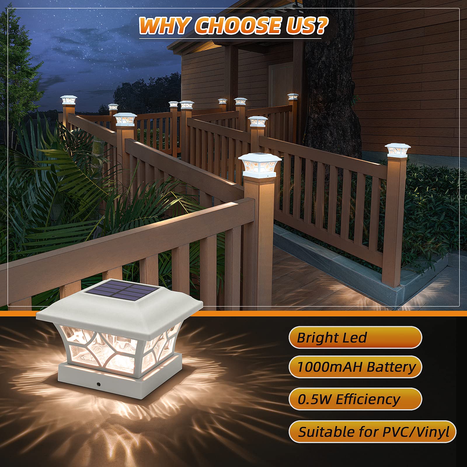 APONUO Solar Fence Post Caps Lights, 4x4 & 5x5 Vinyl, Waterproof, 2 Modes, White, 8 Pack, Model M002-W8