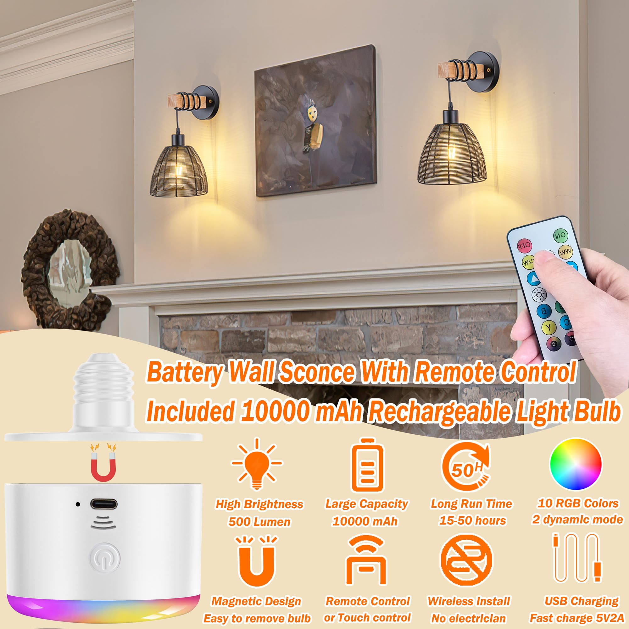 Battery Operated Wall Sconce, Wireless Wall Sconces Set Of Two With Remote Control, Indoor Dimmable Battery Operated Wall Lights