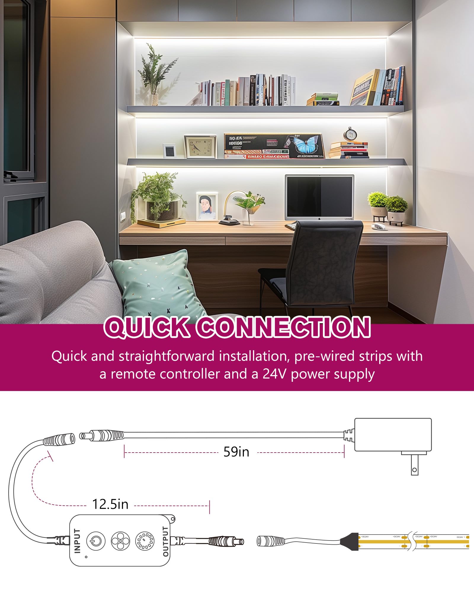 EMITEVER COB LED Strip Lights Kit, 16.4ft Dimmable Tape Light, 5000K, CRI90+, UL Listed, Model FN-FC-480-24,