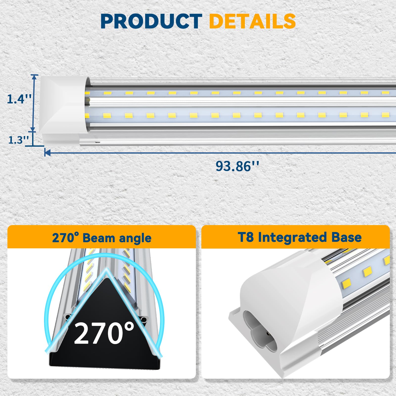 JESLED 8FT LED Shop Lights 10-Pack - 100W 15000LM V-Shape T8 Tubes, Clear Cover, Plug & Play for Garage & Warehouse