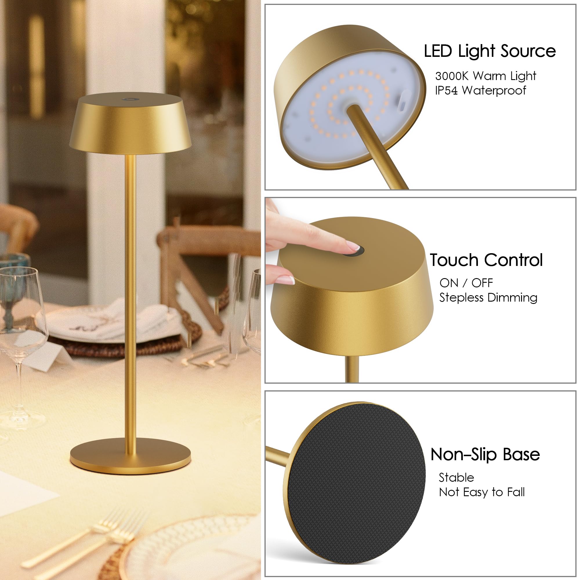 Aipsun Table Lamps Set Of 2, Gold Battery Operated Table Lamp Cordless Outdoor Touch Led Table Lamp For Restaurant/Living Room/B