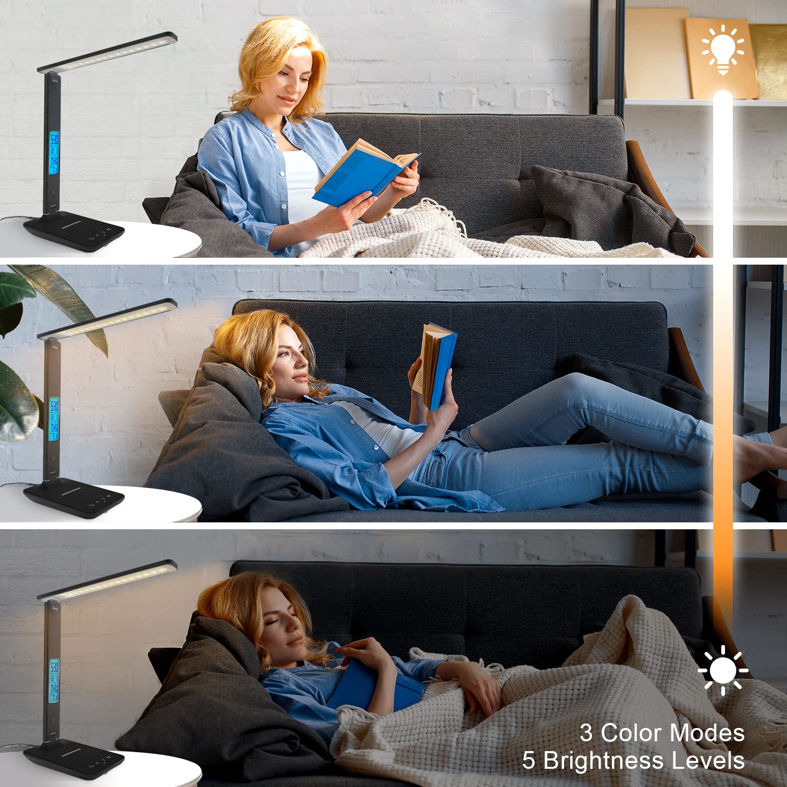 snsok Desk Lamp with Wireless Charger & USB Port, Dimmable, Clock, Alarm, Temperature, Foldable, Black, Model TX26C
