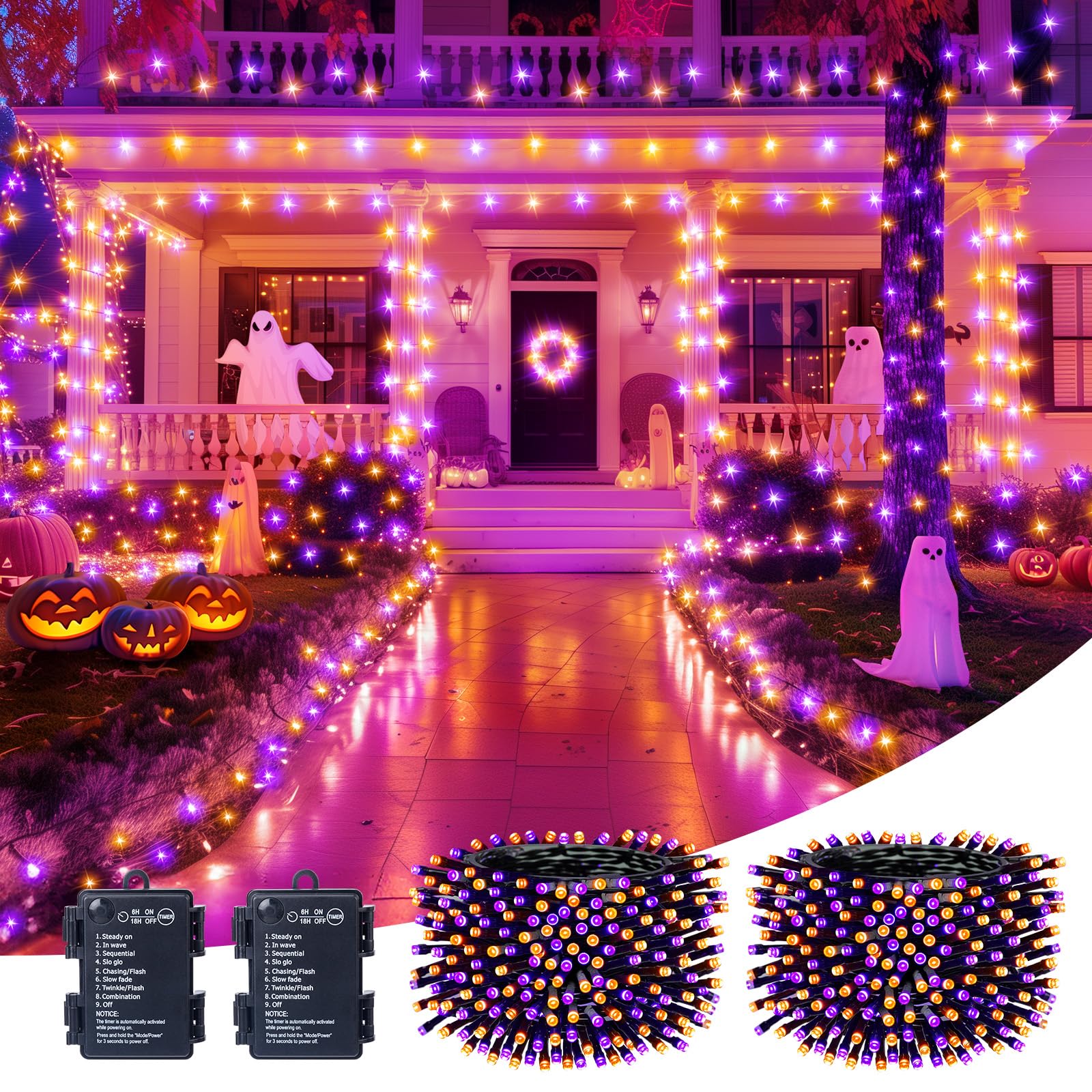 Brightown Halloween String Lights, 100 LED, 33FT, Battery Operated, Waterproof, 8 Modes, Orange & Purple, 2 Pack