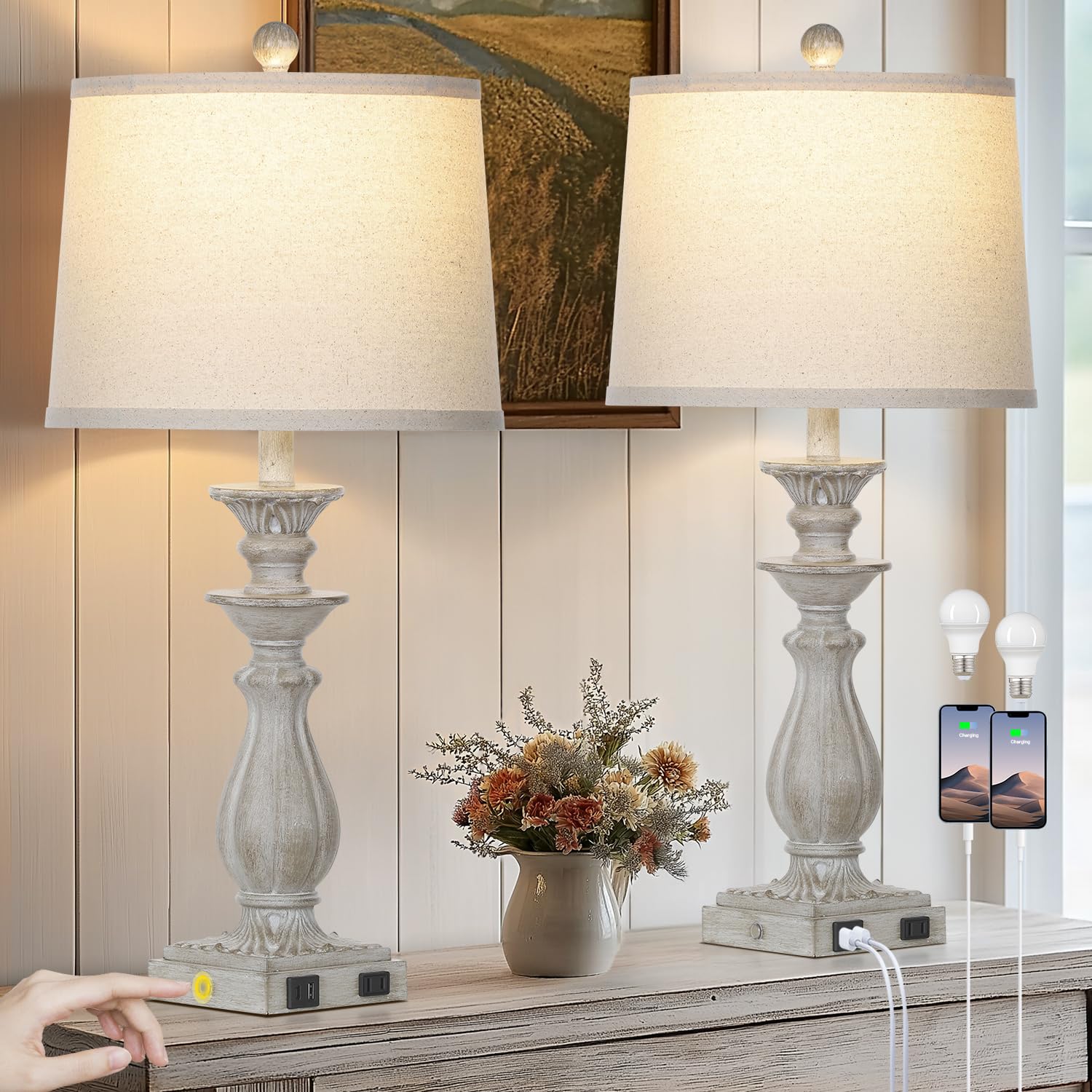 Rinweey 28" Farmhouse Table Lamps Set of 2, 3-Way Dimmable Touch, USB Ports, Gray Resin Nightstand Lamps