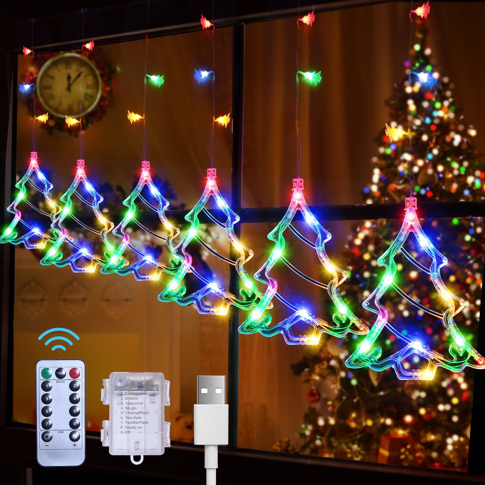 LYUBASA Christmas Lights Decorations, 4.9FT Remote&Time 8 Light Mode with Battery Powered 78 Multicolor LED Tree Window Curtain Lights for Eaves, Garden, Yard, Indoor Outdoor Xmas Lamp Decor