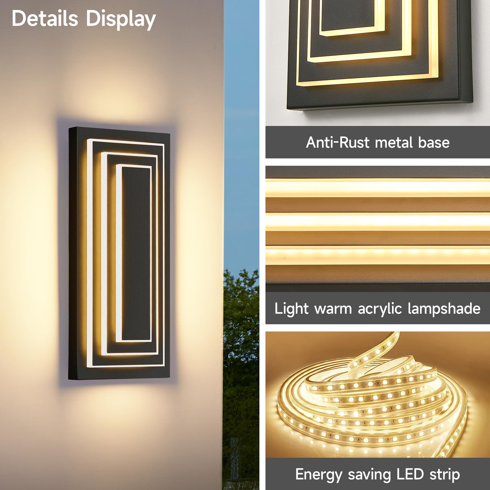 ZSMAIKU 3-Tier LED Outdoor Wall Light Sconce, 15.7 in, Black, Waterproof, 2 Pack, Model MK-108-400WHH-3C-