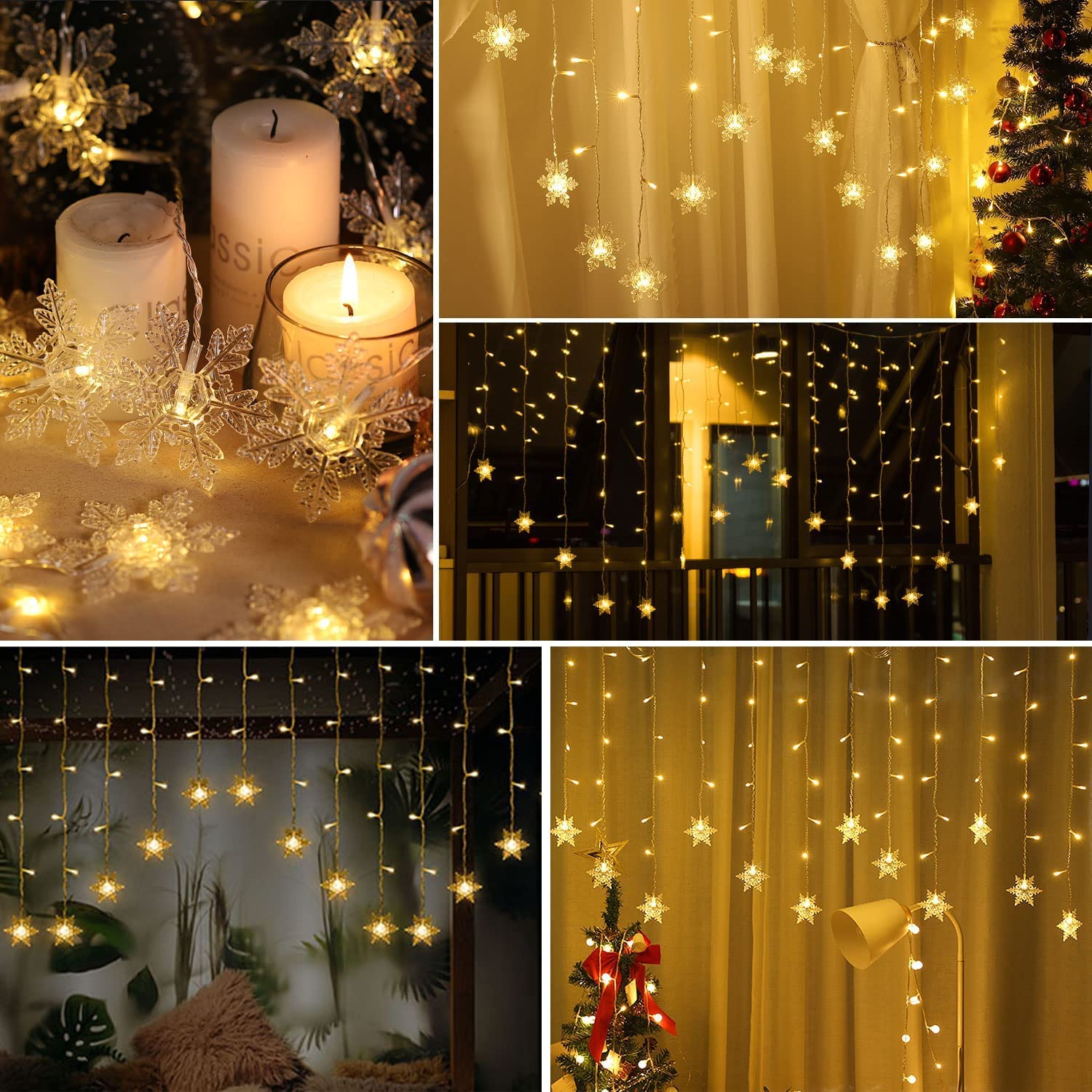 MBVBN LED Curtain Lights, 96 Snowflake LEDs, 13ft/4M, Warm White, Plug-in, 8 Modes, Ideal for Christmas, Wedding, Party Decorations