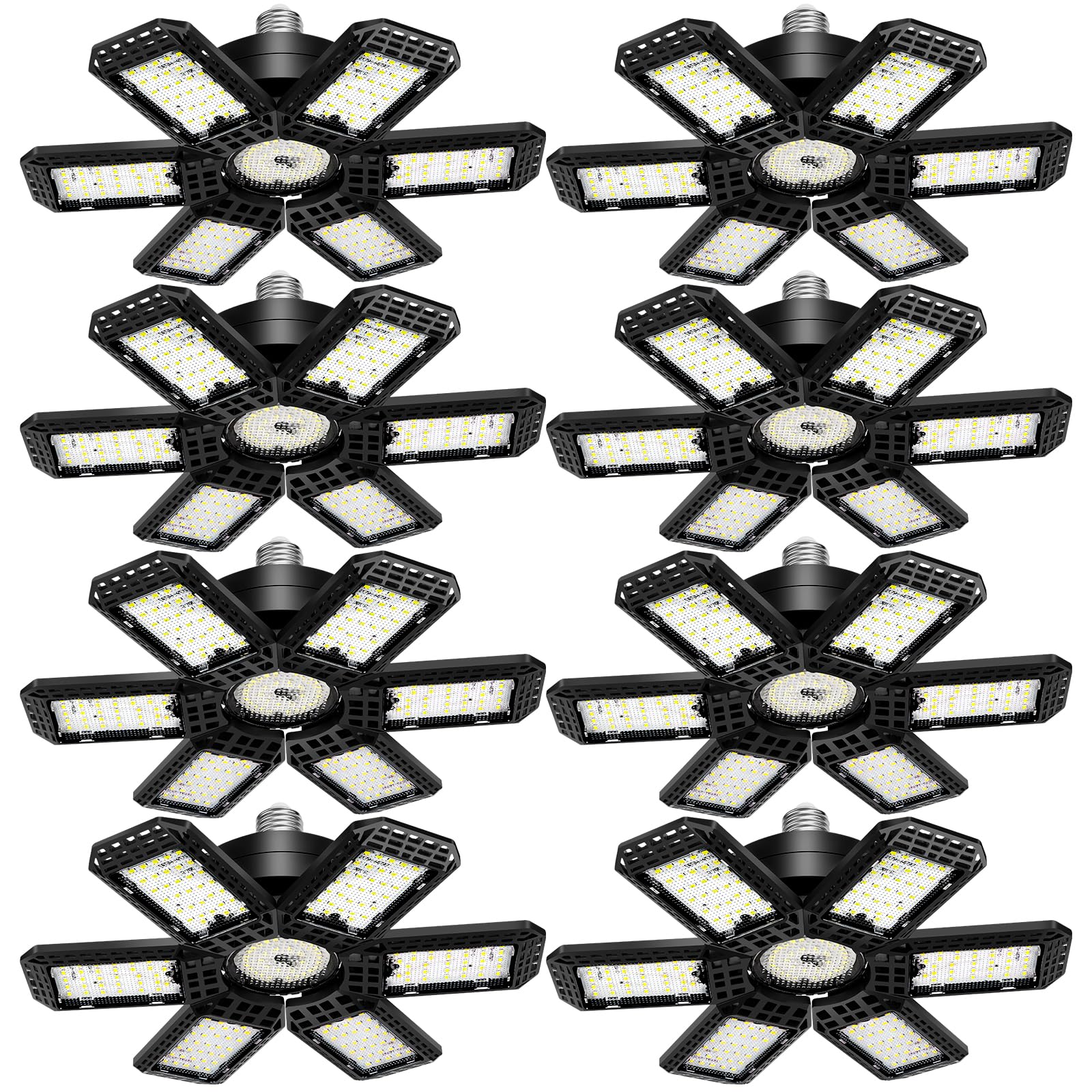 AUDLES 8 Pack LED Garage Light, 200W 20000LM, 6500K, Deformable Panels, E26/E27 Socket, Black