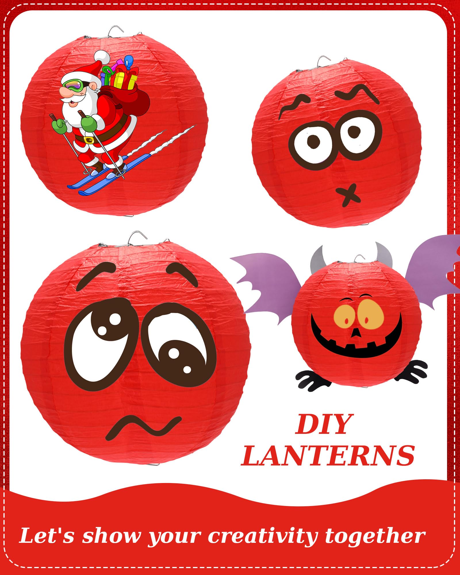 Treela 48 Pcs Paper Lanterns, Red Chinese Round Hanging Lamps, Decorative for Birthday Parties, 4/6/8/10 Inch, Paper Material