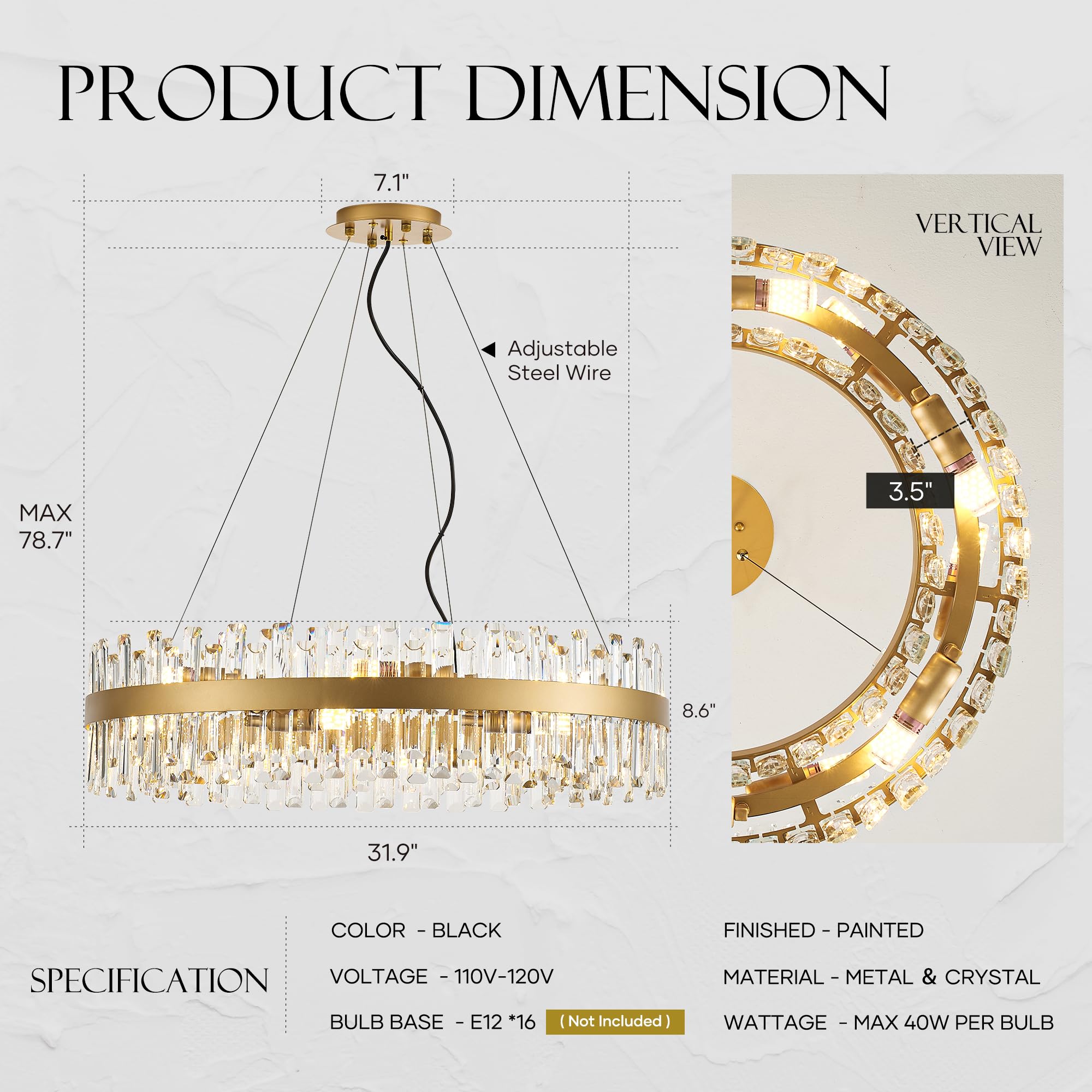 lighceac 31.9" Gold Modern Crystal Chandelier - 16-Light Luxury Pendant for Dining Room, Kitchen, Living Room, Model LX-2409-16A