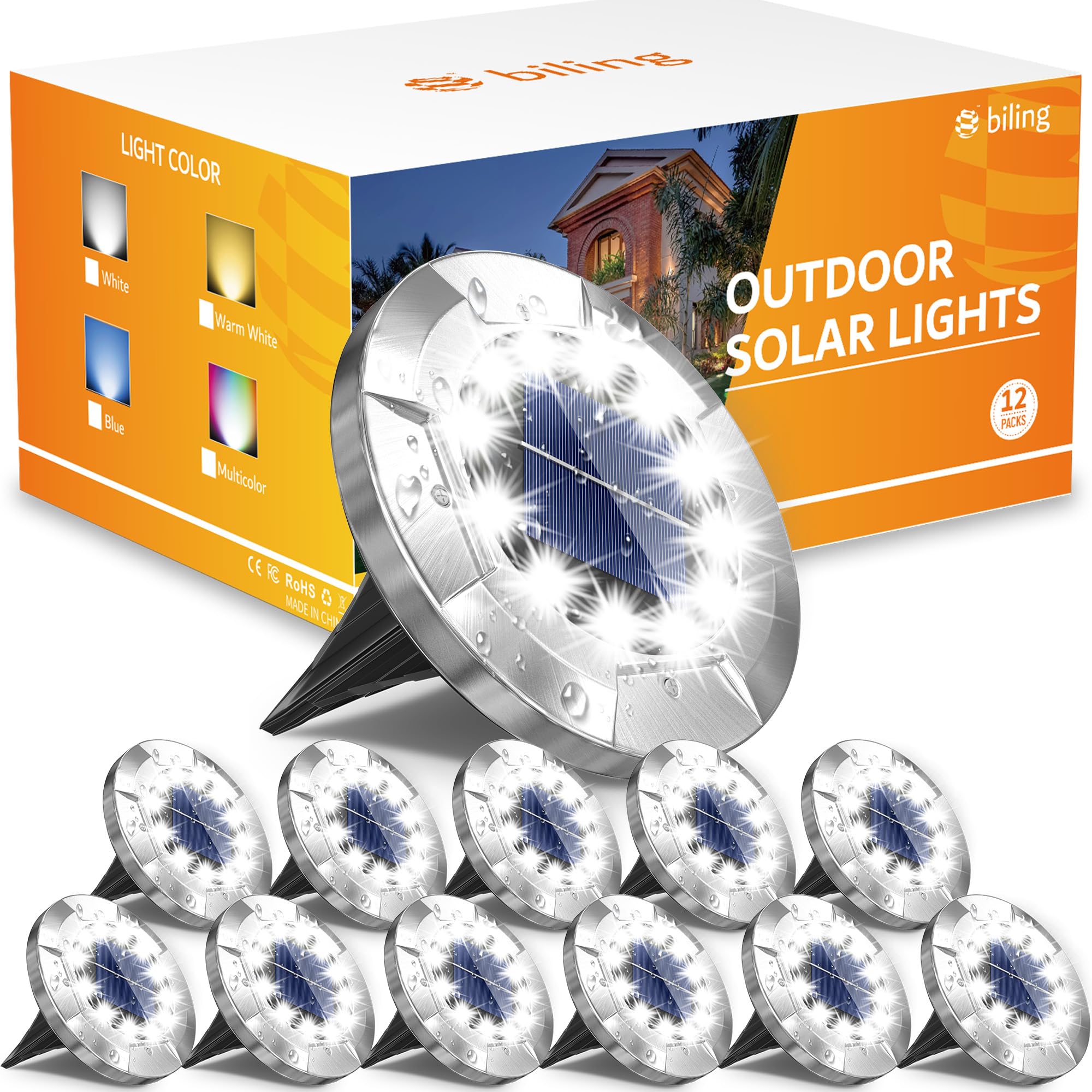 Biling Solar Lights Outdoor 12 Packs, 12 LEDs Bright Longevity Solar Ground Lights, Waterproof Flat Solar Pathway Lights Landsca