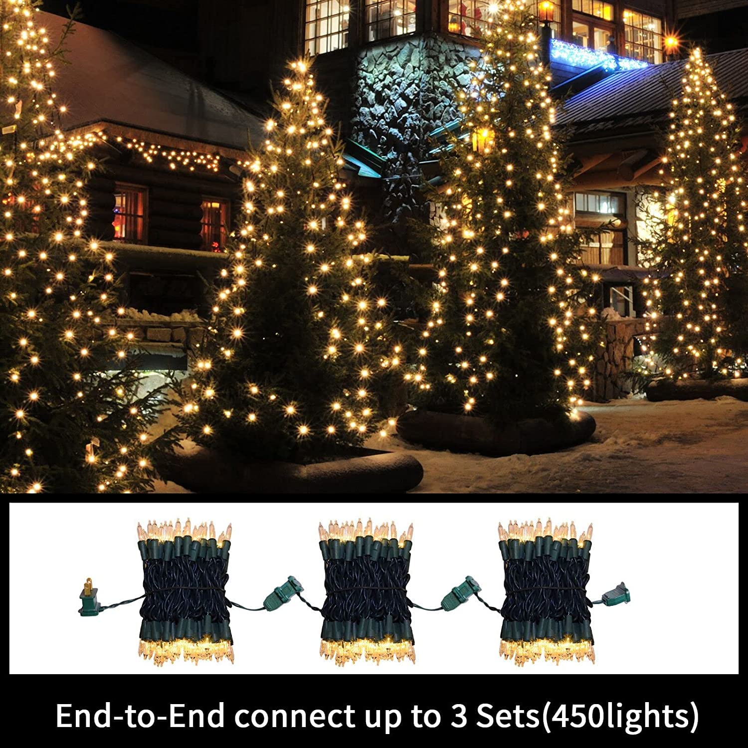LAMPHOME 300 Count Warm White Christmas String Lights, 63.8ft, UL Certified, Clear Mini Bulb Set for Outdoor Decor (2pk of 150L)
