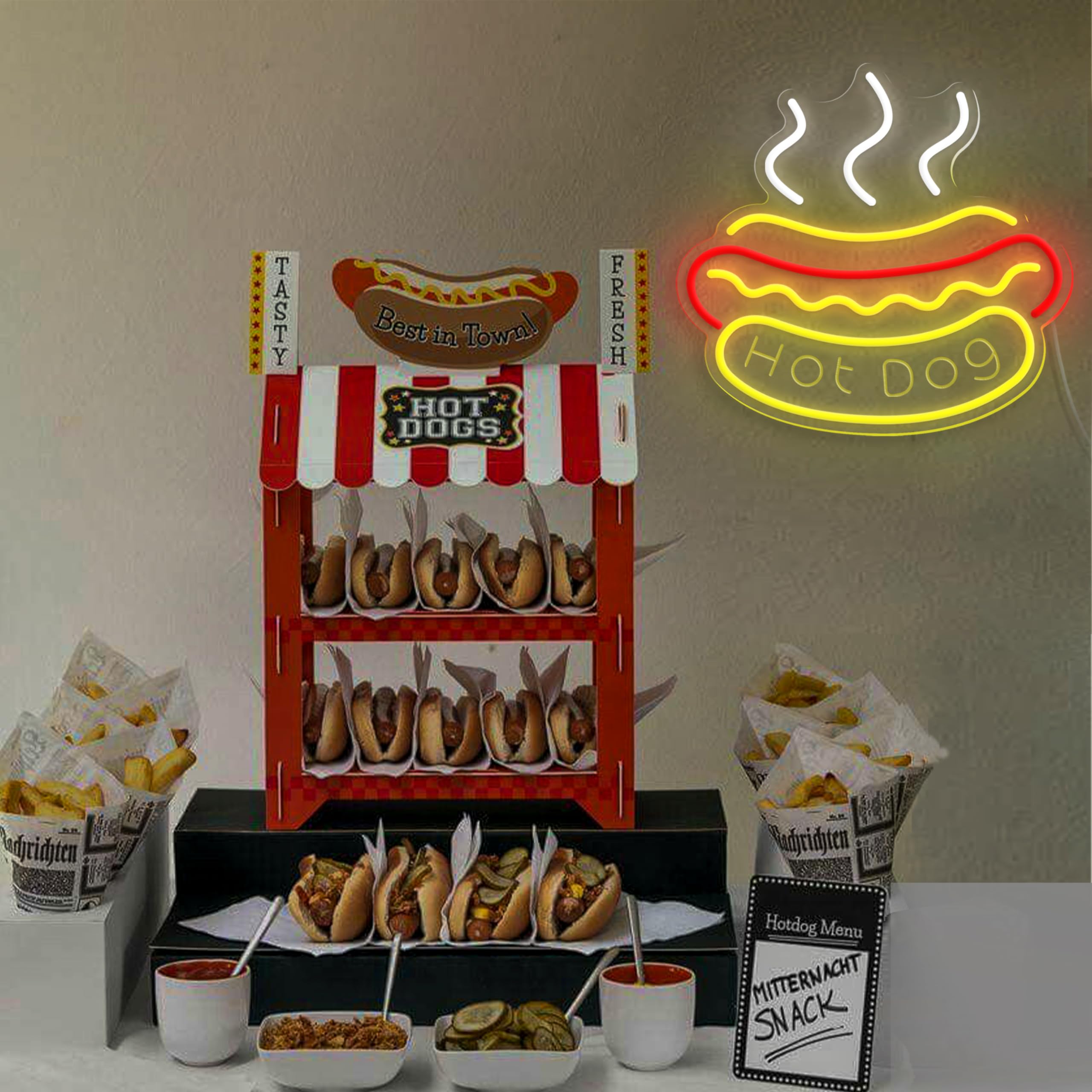 VIKLIU Hot Dog Neon Sign - Dimmable LED Light, USB Powered, Acrylic, 12.99x12.2 inches, Yellow - Perfect for Fast Food Shops & Parties