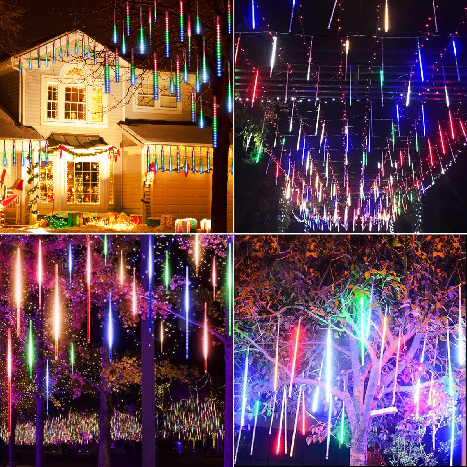 Meteor Shower Lights Outdoor, 16 Inches 2 Pack Total 16 Tubes 576 Led Christmas Icicle Lights Outdoor, Waterproof Snowfall Light