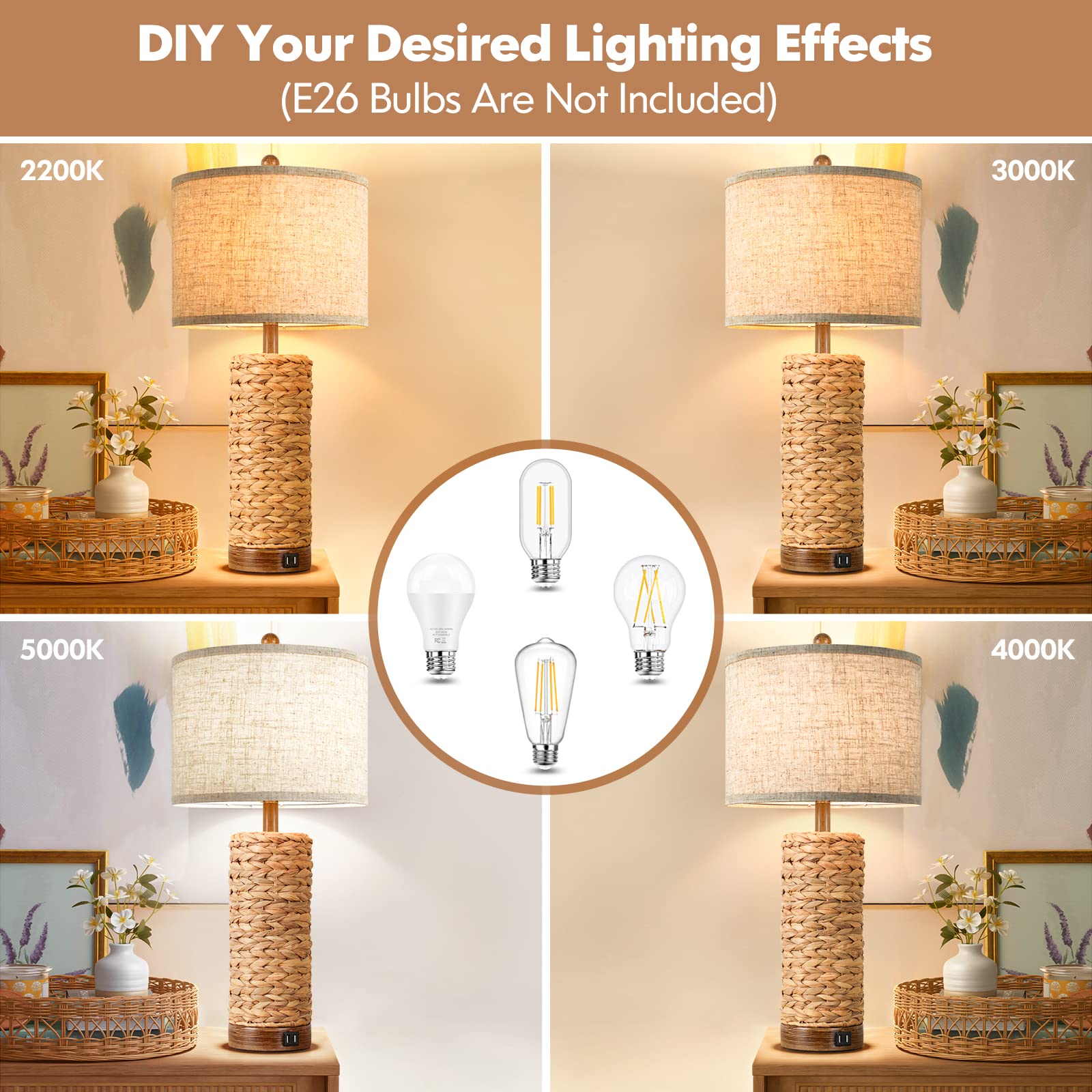 Rattan Table Lamp For Living Room With 2 Usb Ports, 27In Tall Bedroom Table Lamp With Hand-Made Seagrass Base, Rustic Farmhouse
