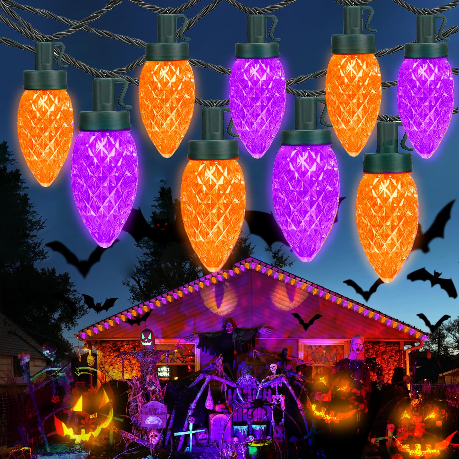 LORRYTE 2PK C9 Halloween Lights 100 LED Purple and Orange, 98FT Extendable String Lights with 13 Modes & Timer, Waterproof