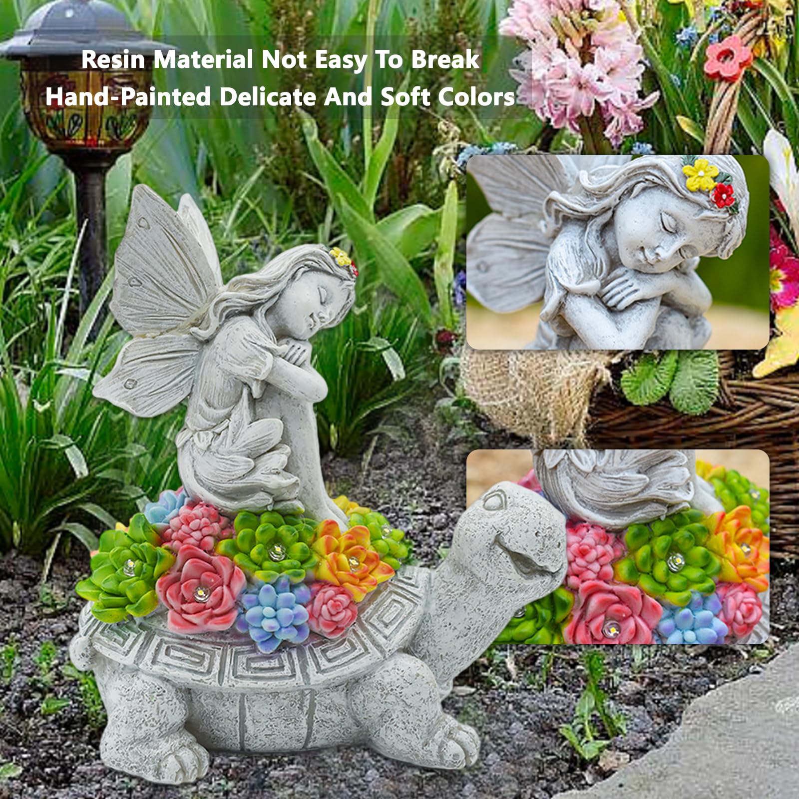 AVEKI Garden Statue Turtle & Flower Fairy Figurines Resin Decor with LED Lights, Solar, Waterproof, Succulent