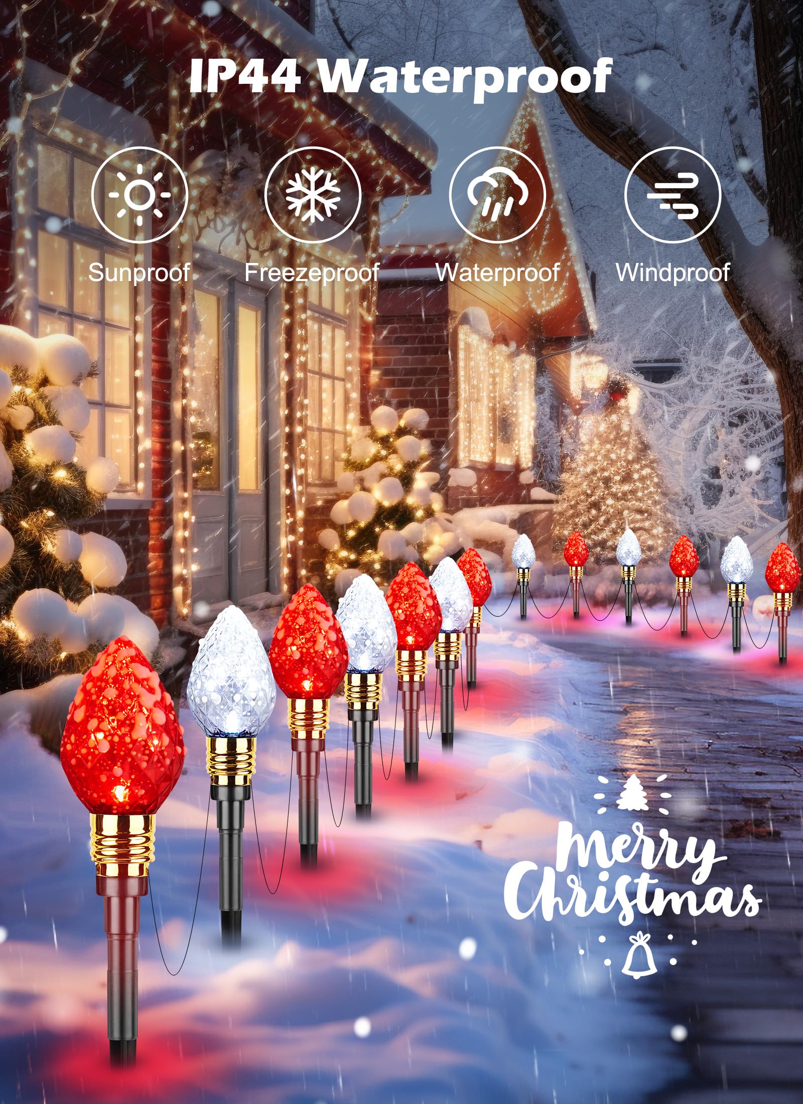 Brightown C9 Christmas Pathway Lights - 20 LED, 34.8 Feet, Strawberry Red & Pure White, Outdoor Decorations for Yard, Model GY-C-50.6-U-B1