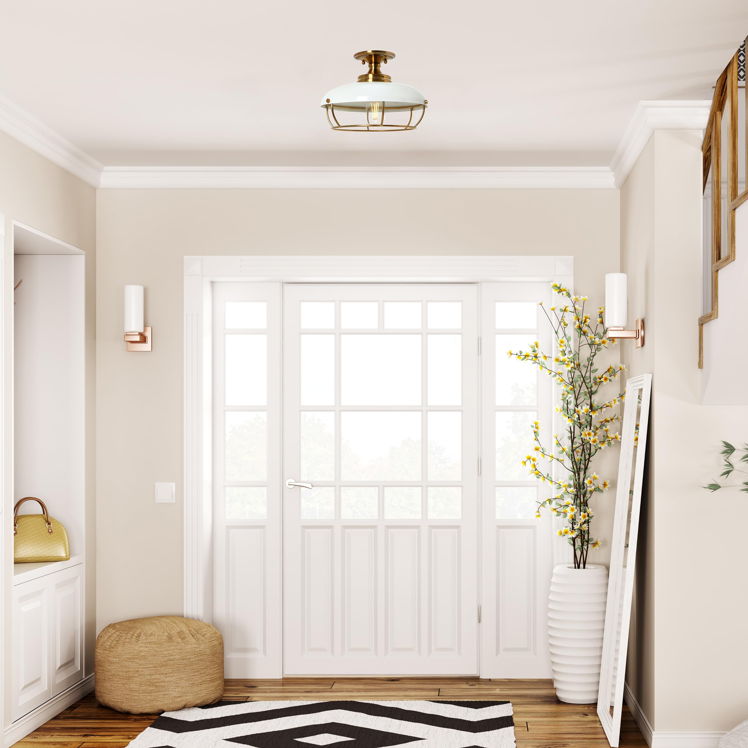 Robert Stevenson Lighting - Presley Caged Dome Metal Semi-Flush Mount Ceiling Light, Brushed Brass And White