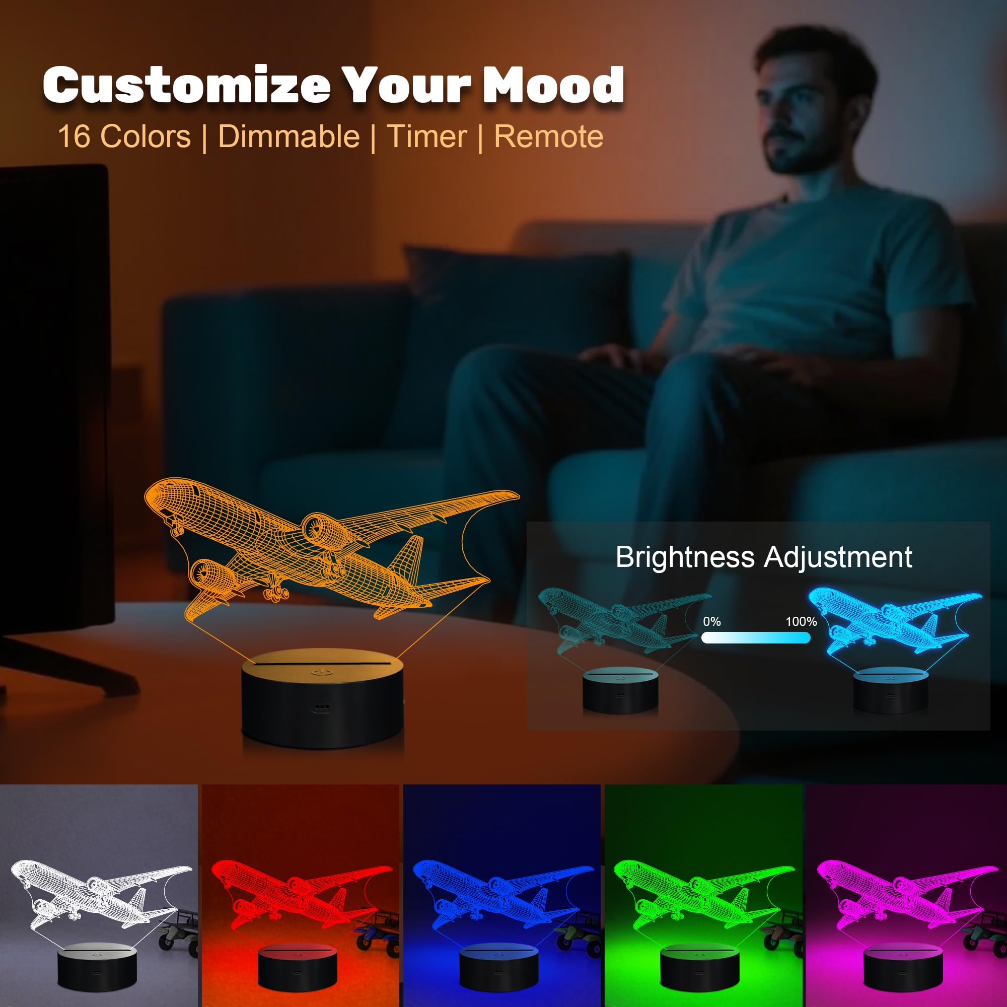 Anywin Airplane Gifts for Men, 3D Plane Night Light with Remote Control, 16 Colors Timer & Dimmable - Airliner Lamp for Office D