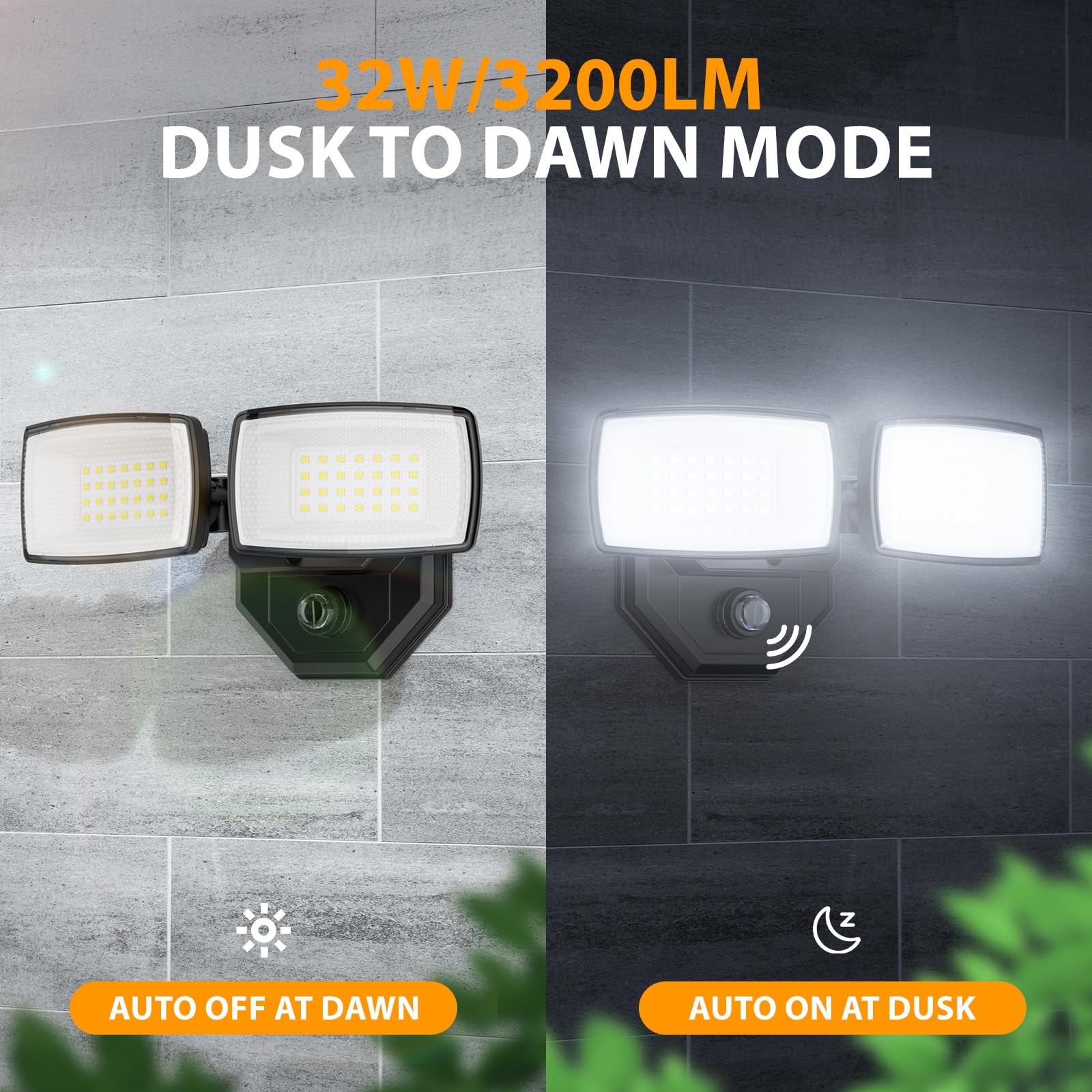 Onforu 32W Dual-Head Flood Light, 3200LM, 6500K, IP66 Waterproof, Black Outdoor Security Lighting for Patio Garden