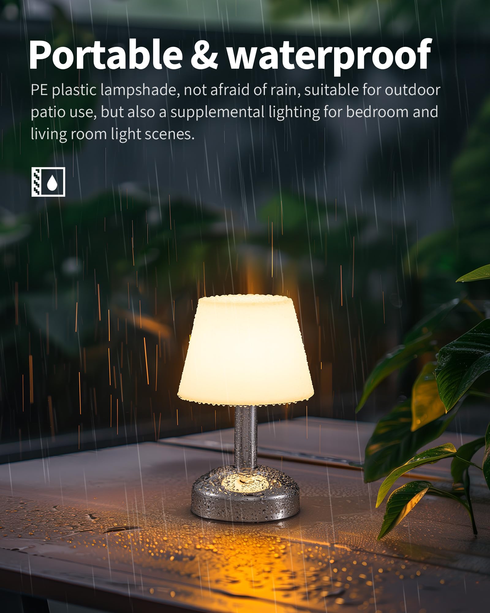 KDG Modern Cordless Table Lamp, Waterproof LED, 5000mAh Battery, Silver, Model AMZ-TBL-012-S