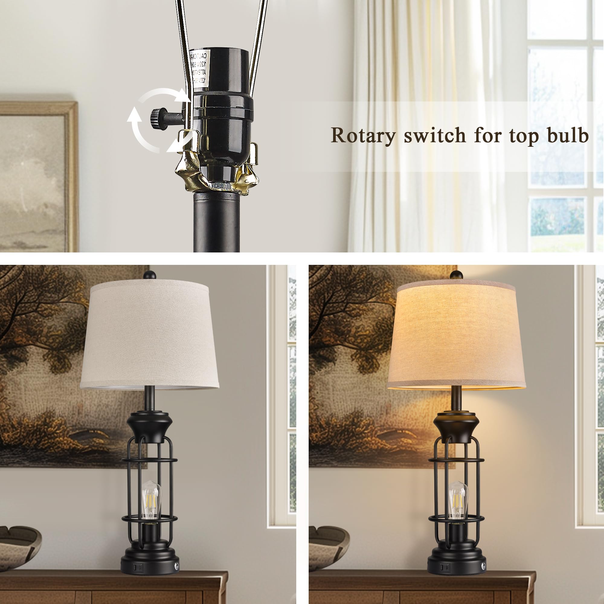Bzzmmb Black Table Lamps Set Of 2, 28.5'' Farmhouse Lamps For Living Room With Usb C+A Ports, Touch Lamps For Bedroom, Led Bulbs