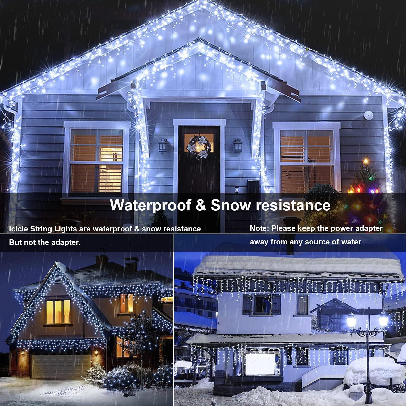 Joomer Christmas Icicle Lights, 32FT, Waterproof, 8 Modes, White, Model SSL0200-I-24V