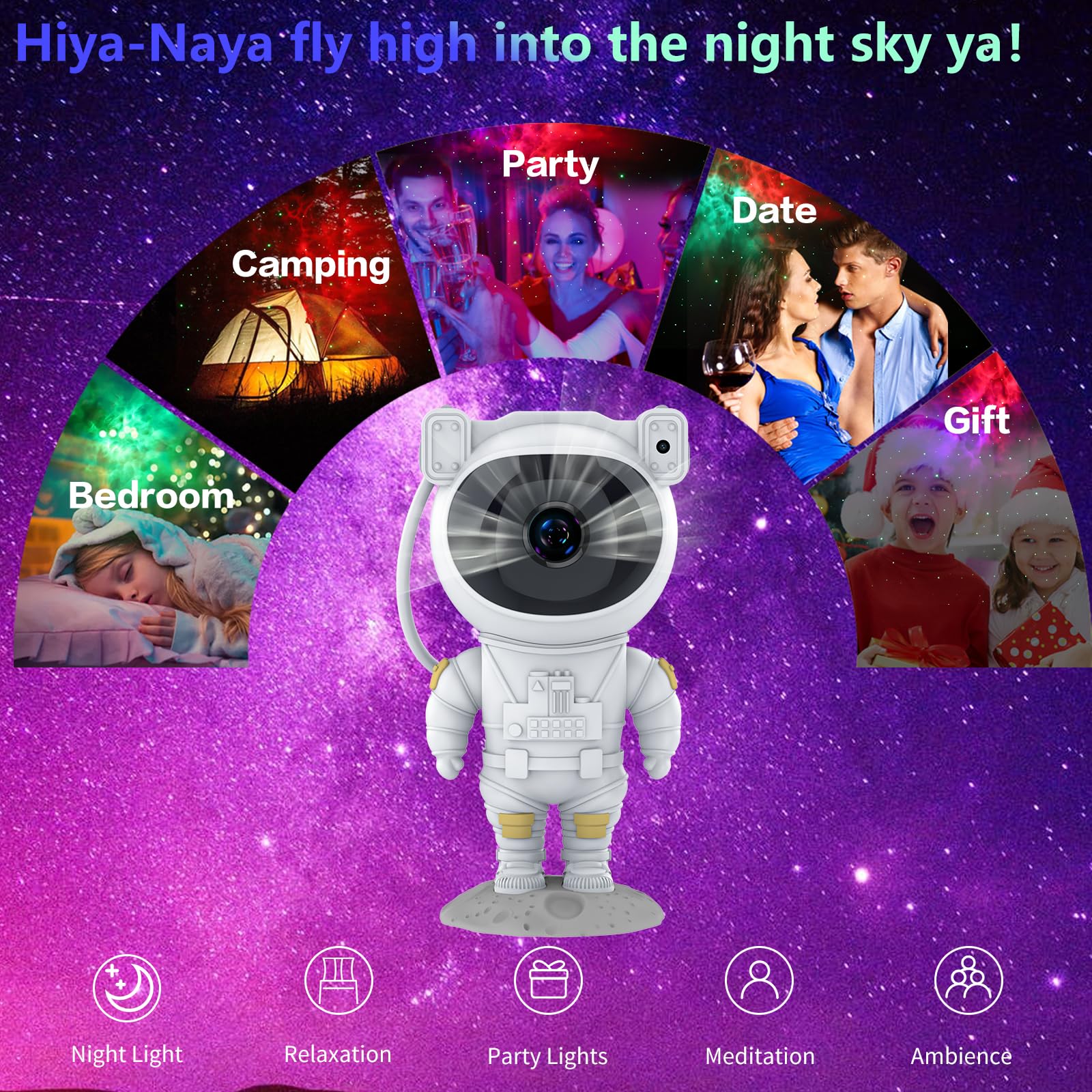 Hiya-Naya Astronaut Star Projector Light, 360° Adjustable, Remote Control, Timer - White