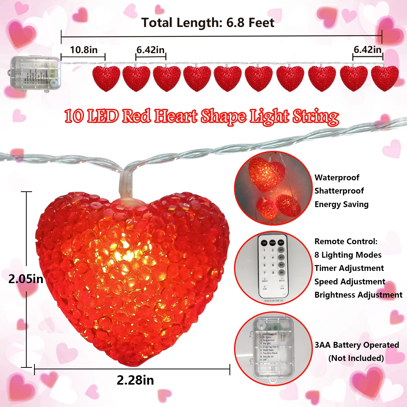 Valentines Heart String Lights Battery Operated, 6.8Ft Valentine Decoration Lights 10 Led Red Heart String Lights With Timer, Romantic Red Light Strings For Party Wedding Christmas Valentine Decor