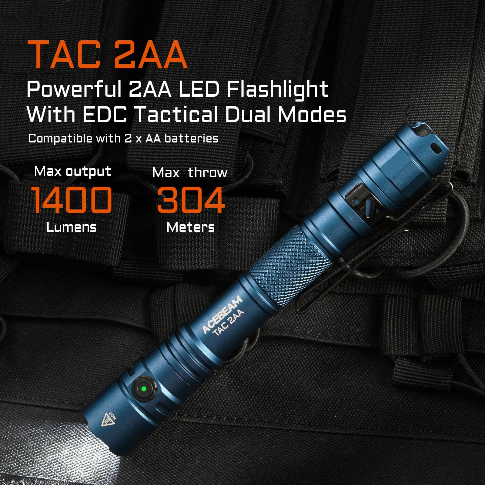 ACEBEAM TAC 2AA EDC Tactical Flashlight, 1400 Lumens, Dual Modes, Rechargeable, Blue 6500K, Compact for Emergency & Camping