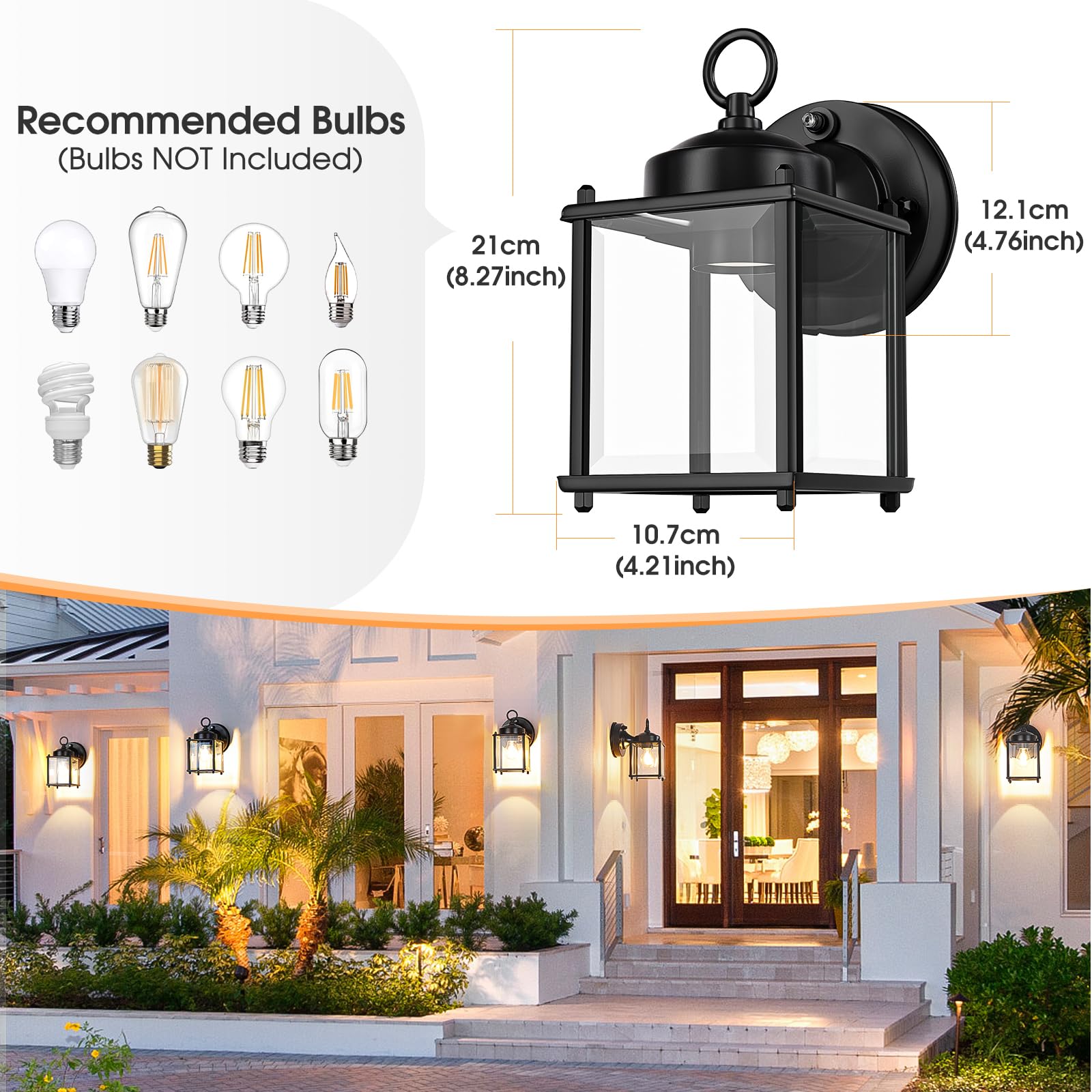Matameye Dusk To Dawn Sensor Outdoor Wall Sconce, Exterior Waterproof Wall Mount Lanterns, Black Front Porch Lights With Clear B