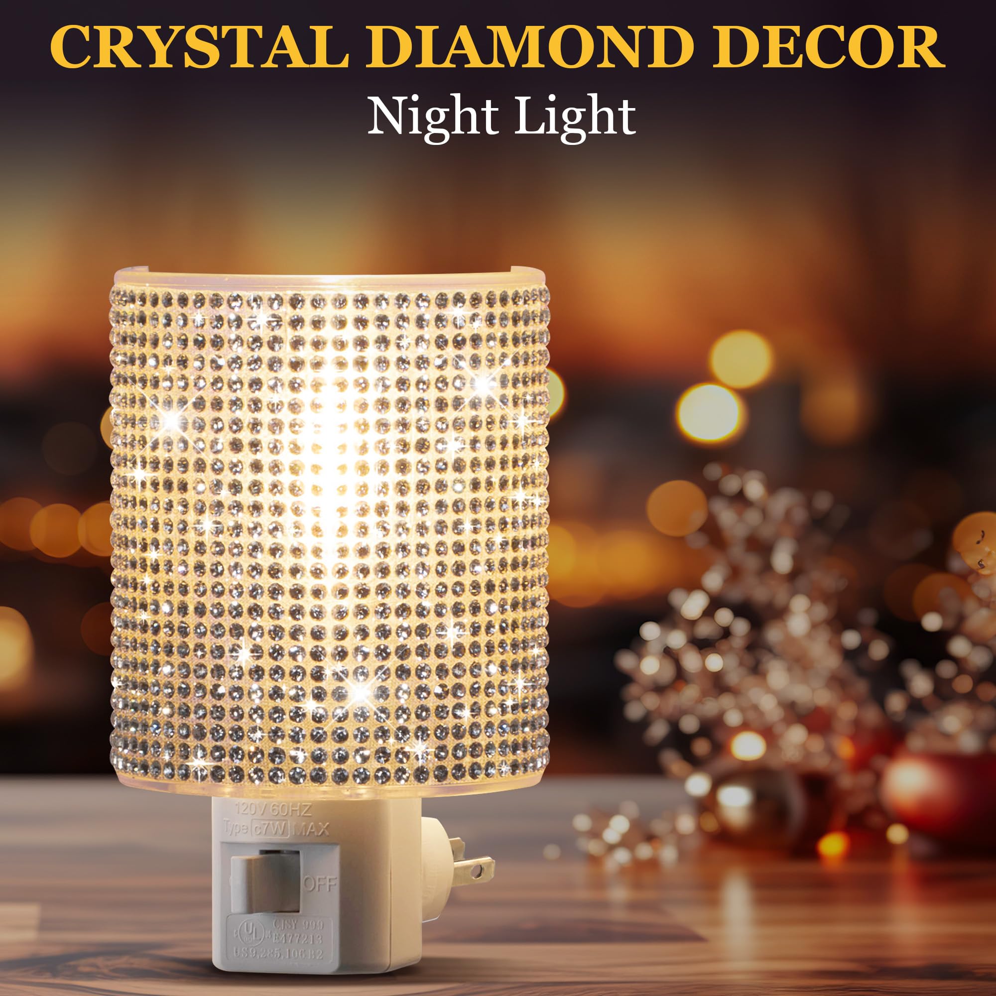ElectricWise Warm White Crystal Decoration Night Light, Plug-In with Manual Switch & 360° Swivel for Bedroom Decor