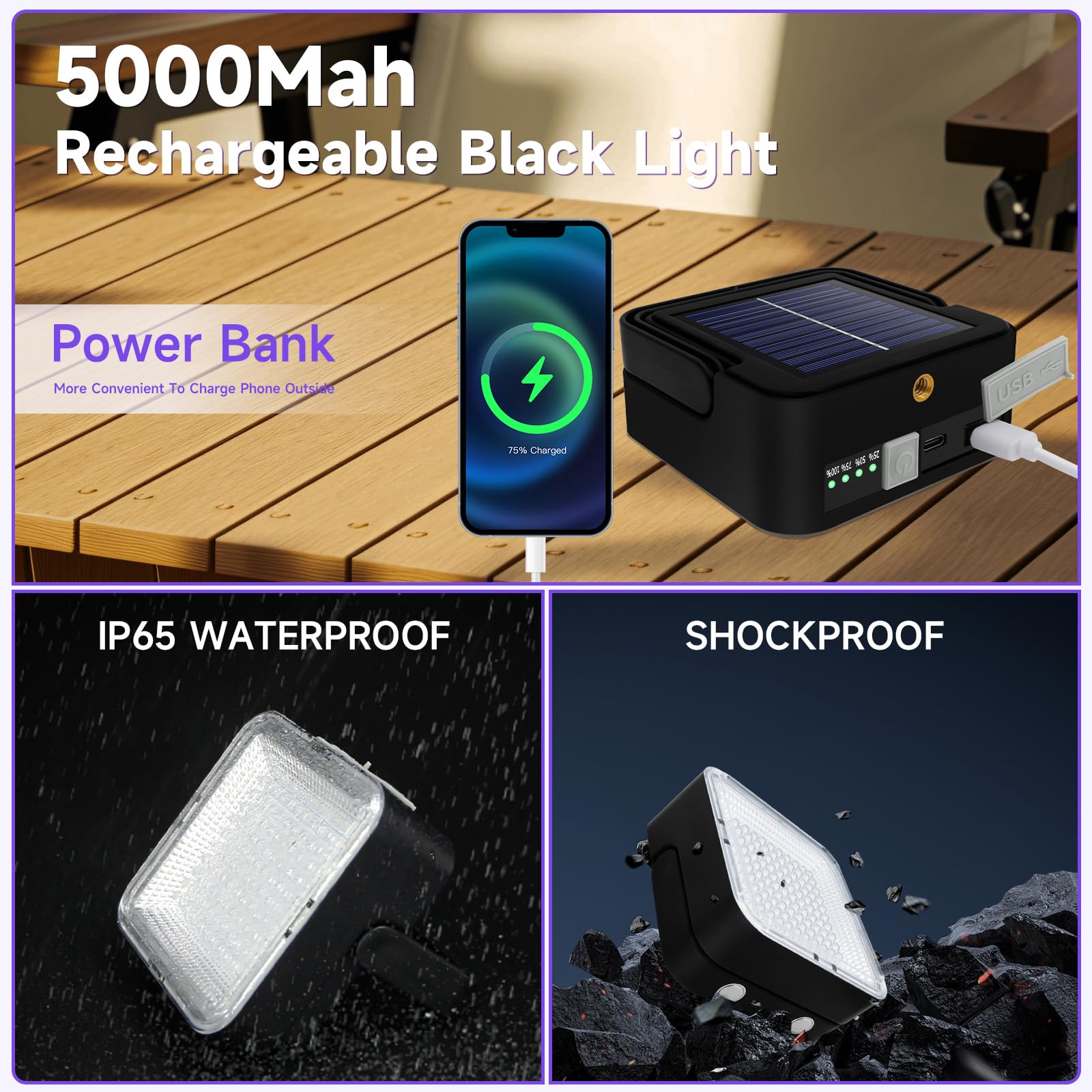 Benss 2 Pack Rechargeable UV Black Light, 60W Dimmable, 395 nM for Pet Stains, Bed Bugs, Scorpions, Black