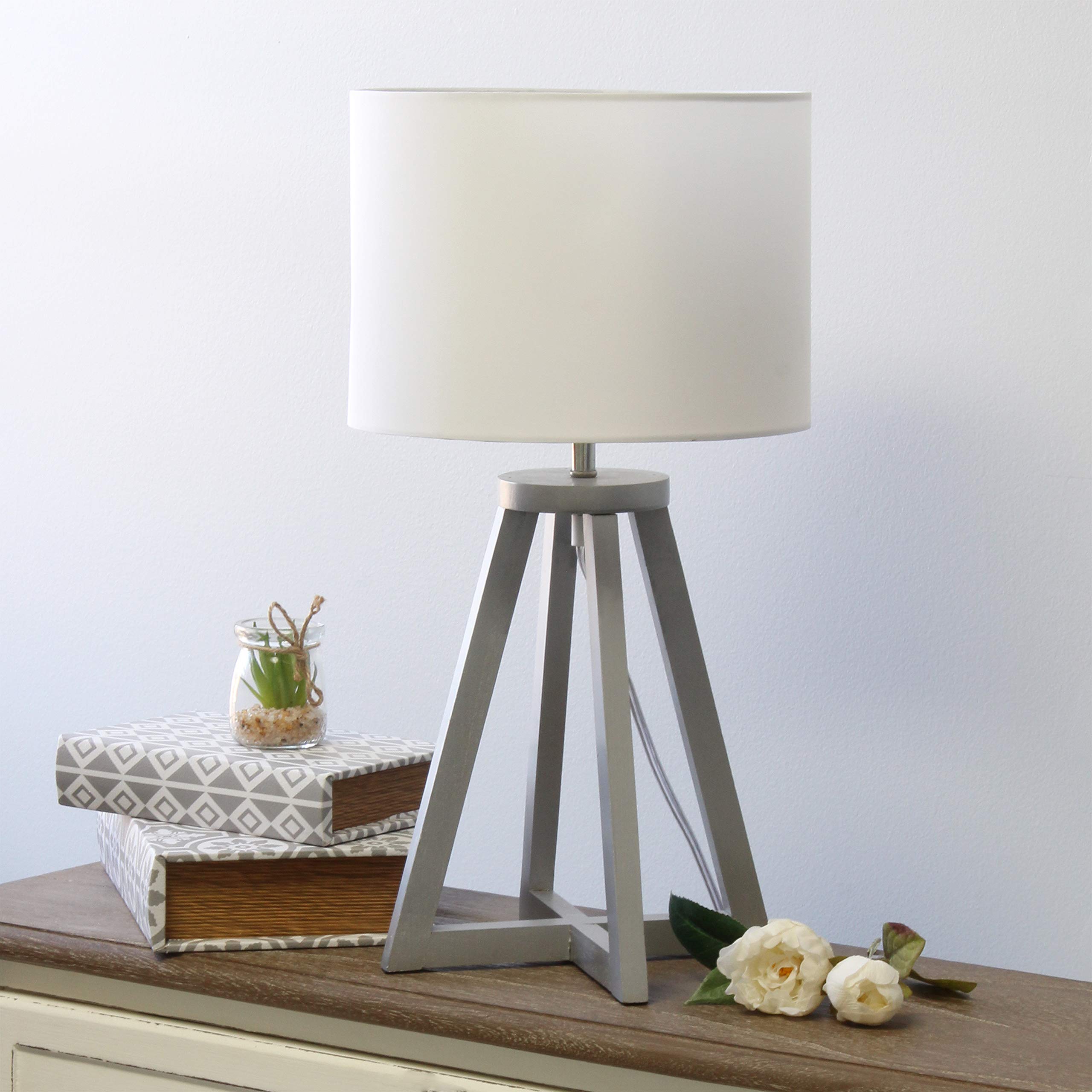 Simple Designs Lt1069-Gyw Interlocked Triangular Wood Fabric Shade Table Lamp, Gray/White