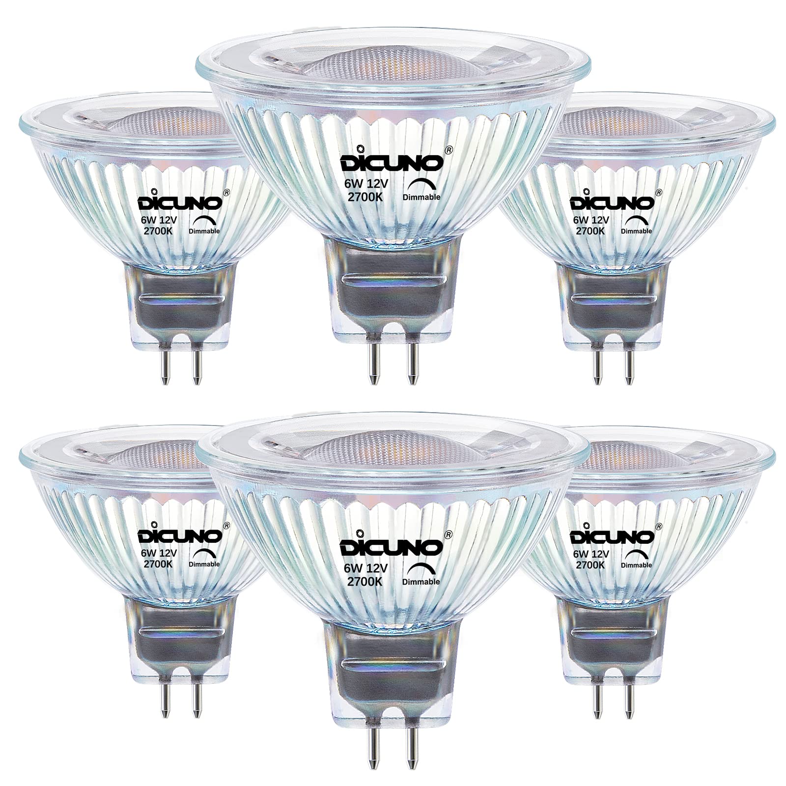 DiCUNO MR16 LED Bulb Dimmable 6W, 2700K Warm White, GU5.3 Base, 600LM, 40° Beam Angle, Pack of 