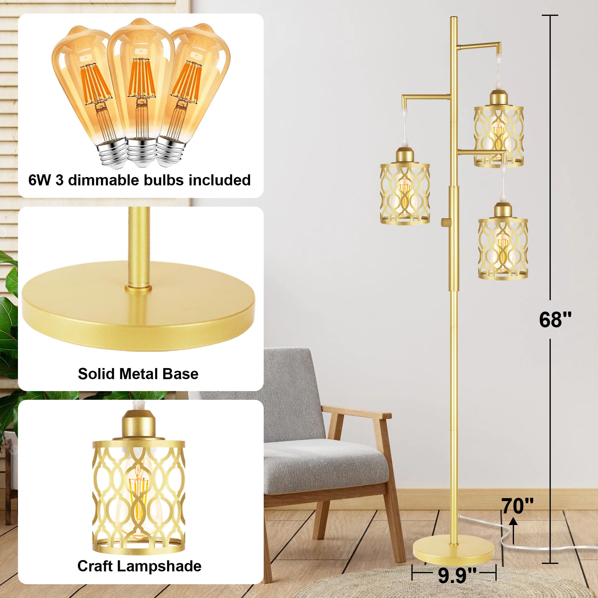 ROTTOGOON 68" Dimmable Gold Floor Lamp, 3-Light Rustic Design with Metal Shade, Includes 3x 6W E26 Bulbs, Model RODLLDD243