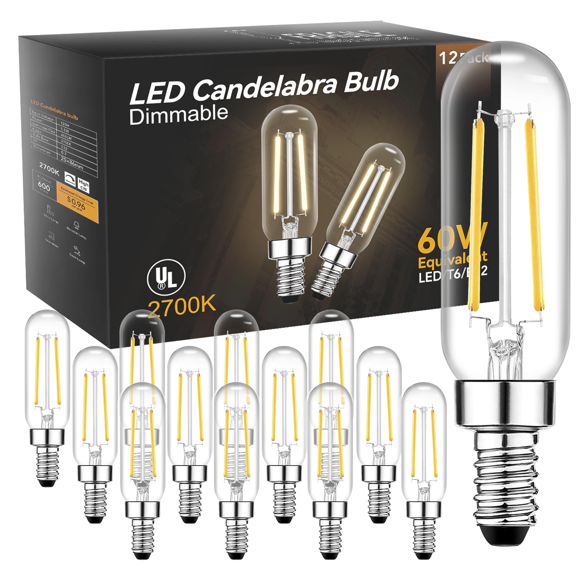Tjoy E12 T6 Candelabra Led Bulbs, Dimmable 5.5W Equivalent 60W 2700K Soft Warm White, Small Base Clear Light Bulb, Vintage Ediso