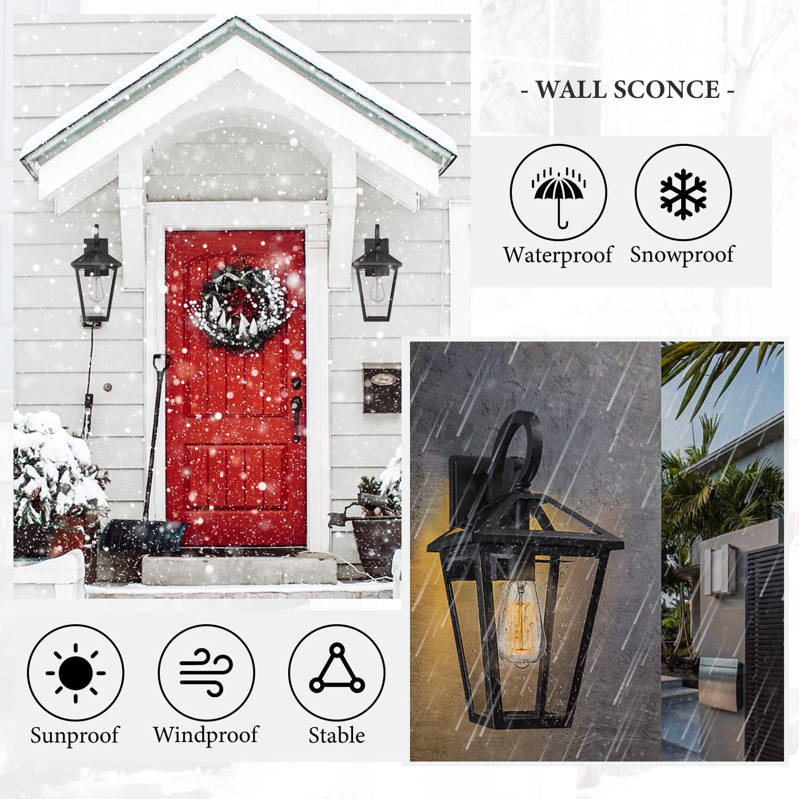 Luminzone Outdoor Wall Lantern, Waterproof Glass, Medium Size, Black, Model 7H1B-M BK