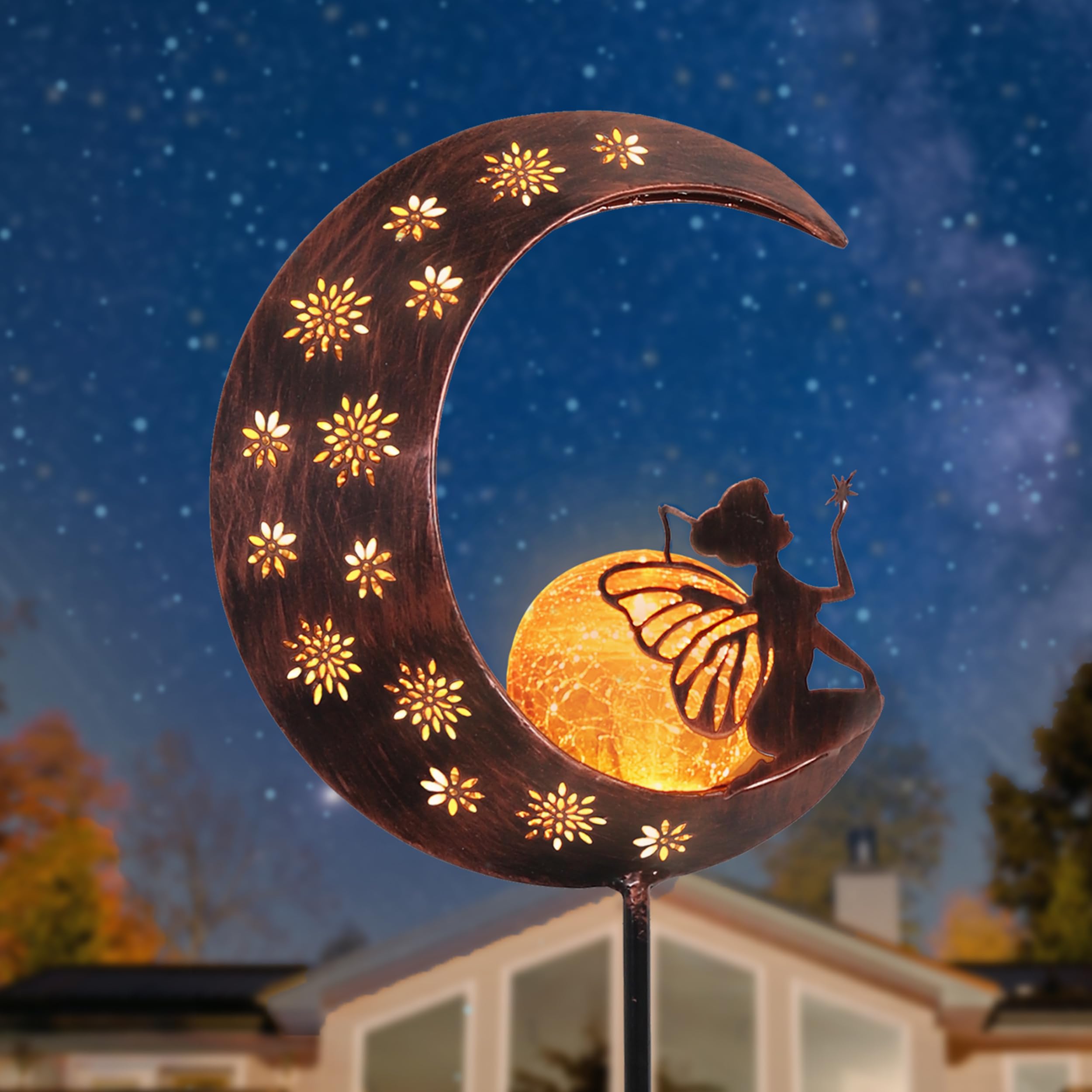 Teresa'S Collections 39'' Solar Metal Fairy Garden Decor - Copper Gold Yard Stake For Outdoor Gifts