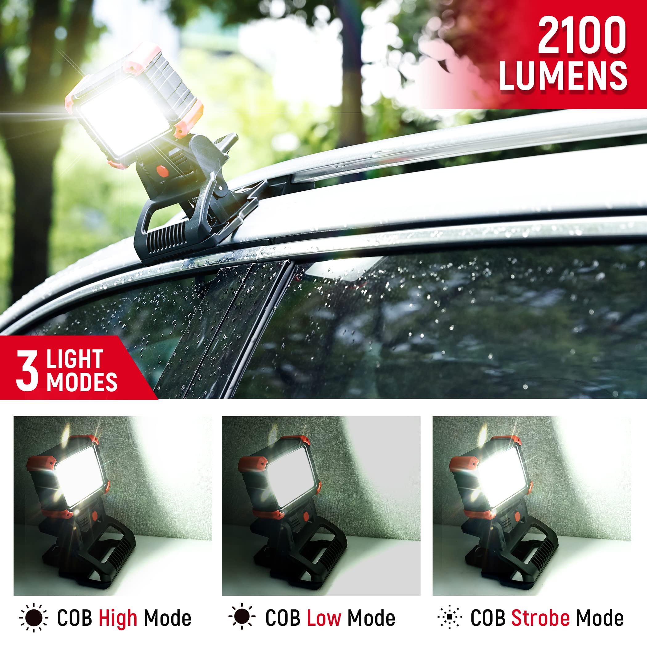 Yls 2Pack Led Work Light, 2100Lm Rechargeable Cob Magnetic Clip On Work Light With 3 Light Modes, 270° & 180° Rotatable Portable Clamp Worklight For Job Site,Car Repairing,Workshop