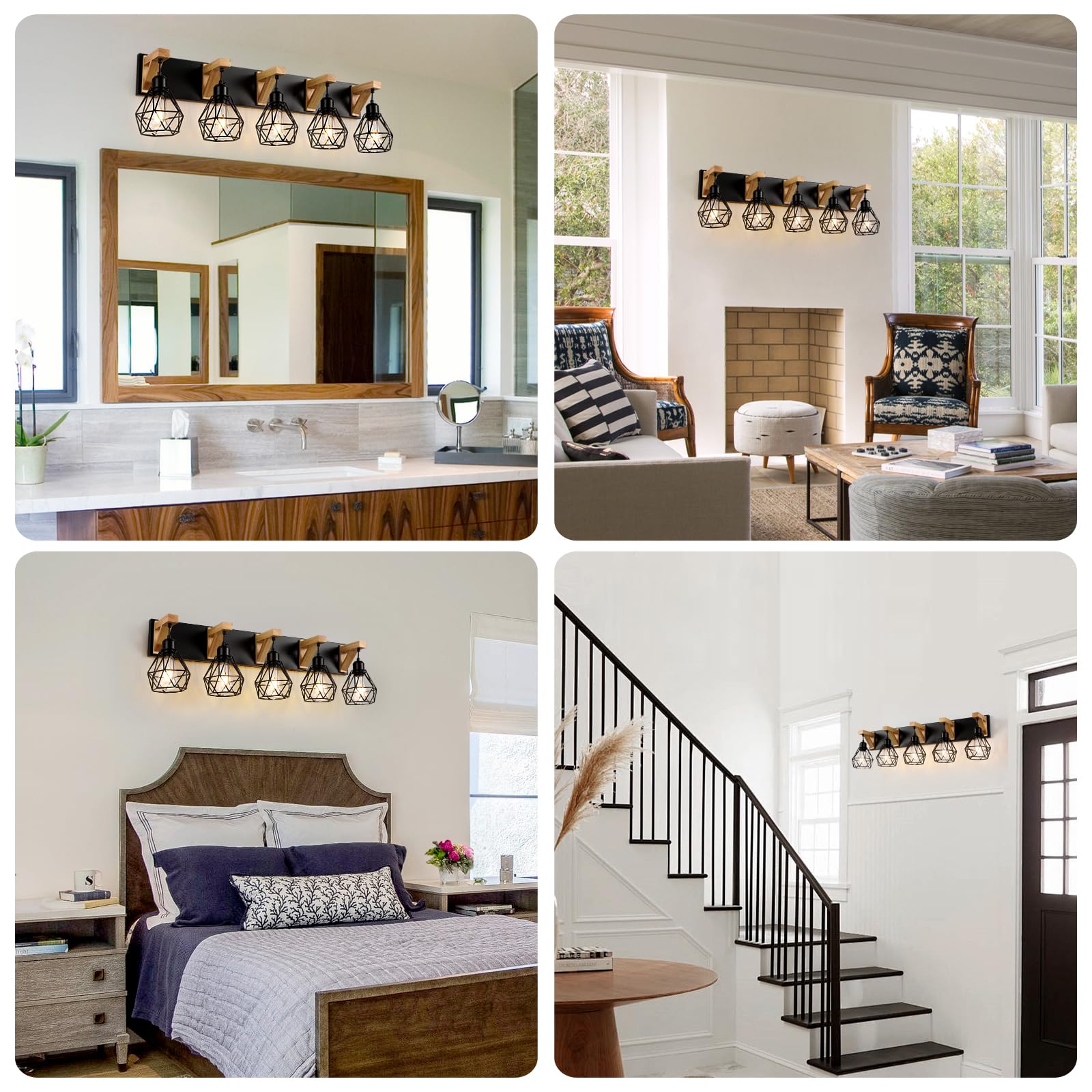 maesta 5-Light Bathroom Vanity Light Fixture, Rustic Metal Sconces, Wood Design, Black, Model MA017