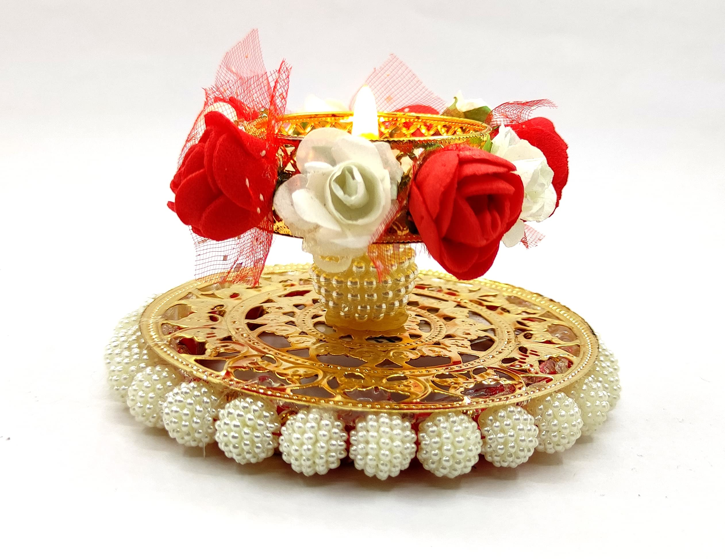 Vibhushita Pack of 2 Metal and Plastic Designer Red Flowers 2 Layer Decorative Handmade Diwali Oil Wax Lights with 2 T-Light Can