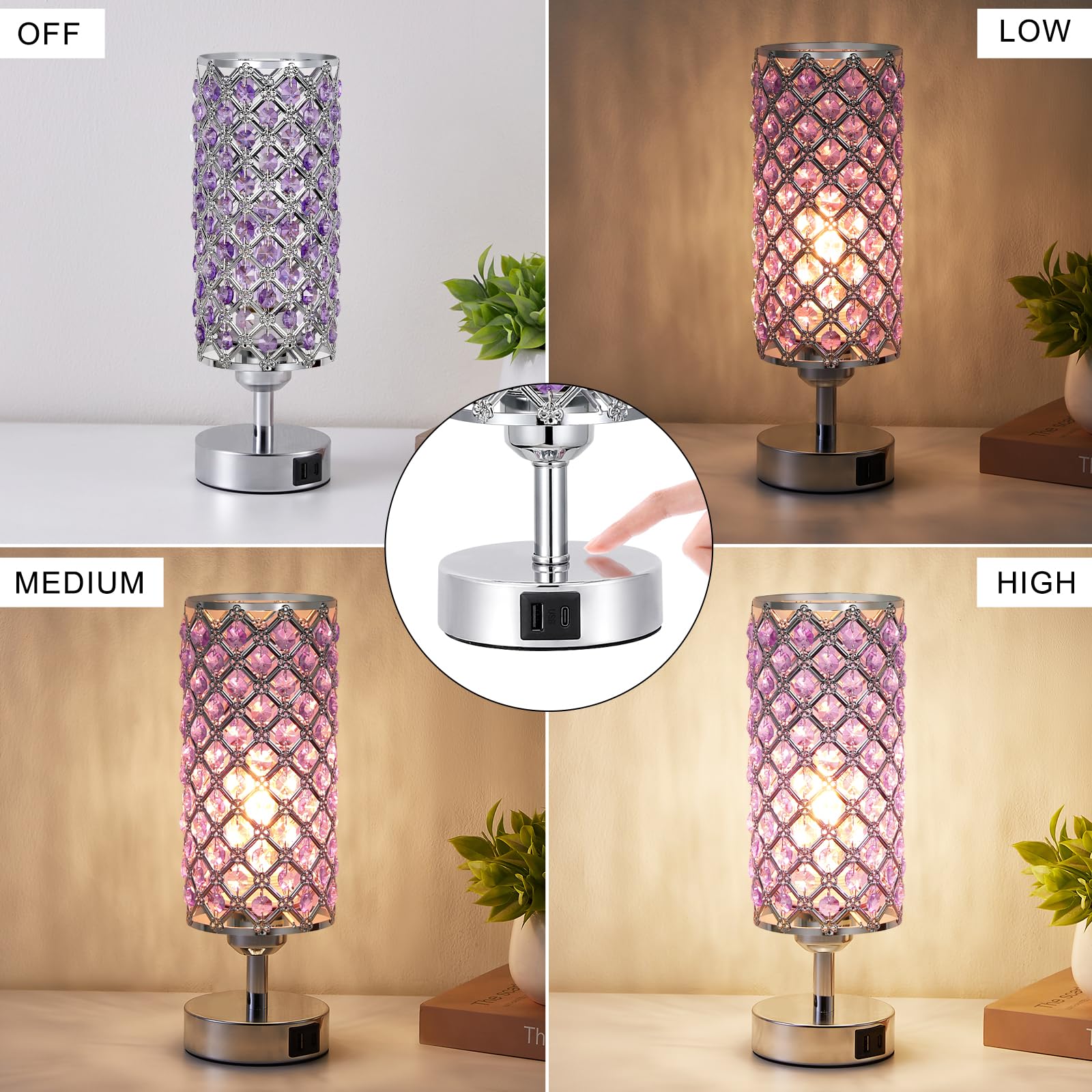 Hong-In Purple Lamp For Girls Room-Crystal Touch Lamp With Usb-C+A Ports,3 Way Dimmable Bedside Light With Crystal Shade For Bed