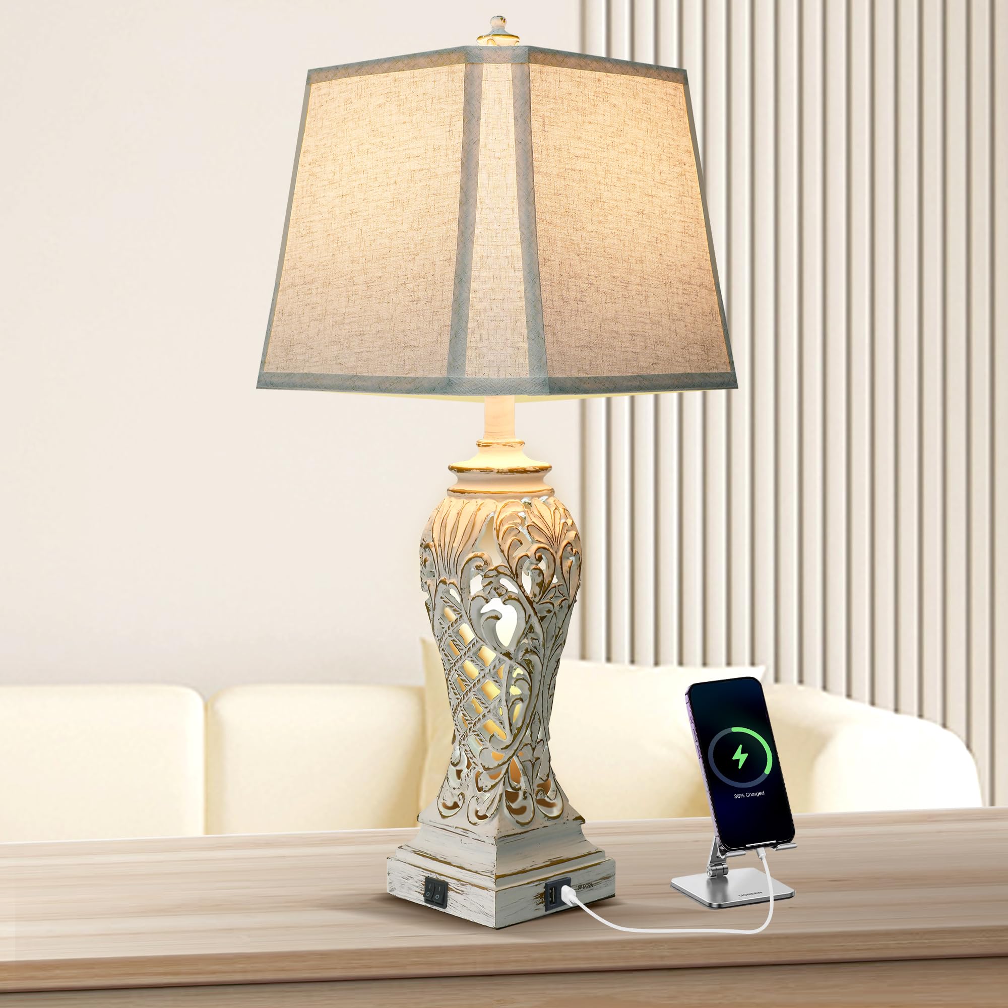 iKopyal Table Lamps for Bedroom Living Room, Bedside Lamp with Fabric Shades, 29'' Tall Coastal Nautical Lamp with USB and Night