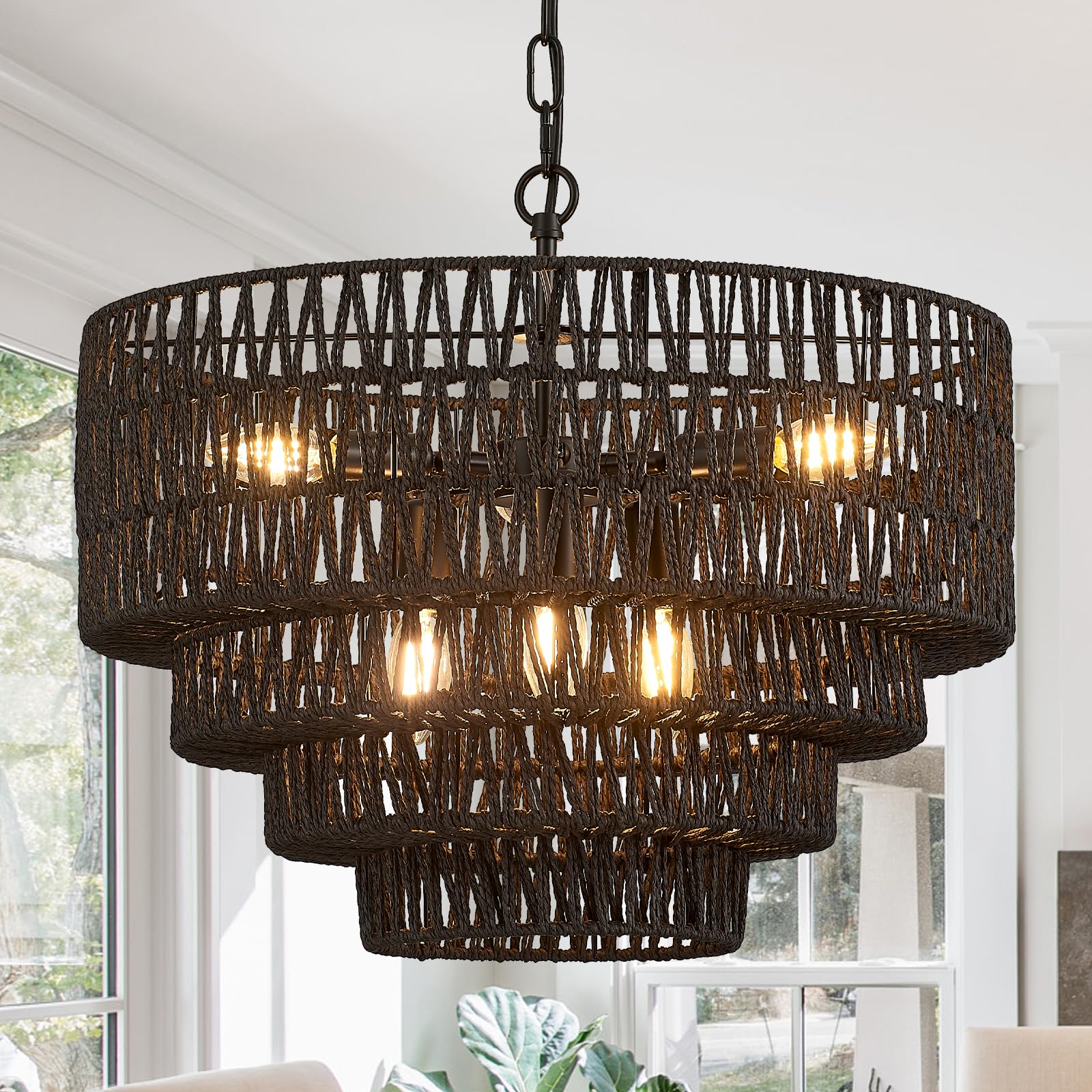 Yomecoo 19.7'' Black Rattan Chandelier Vintage 6-Lights Farmhouse Boho Hand-Woven Bamboo Black Chandeliers Light Fixture Retro D