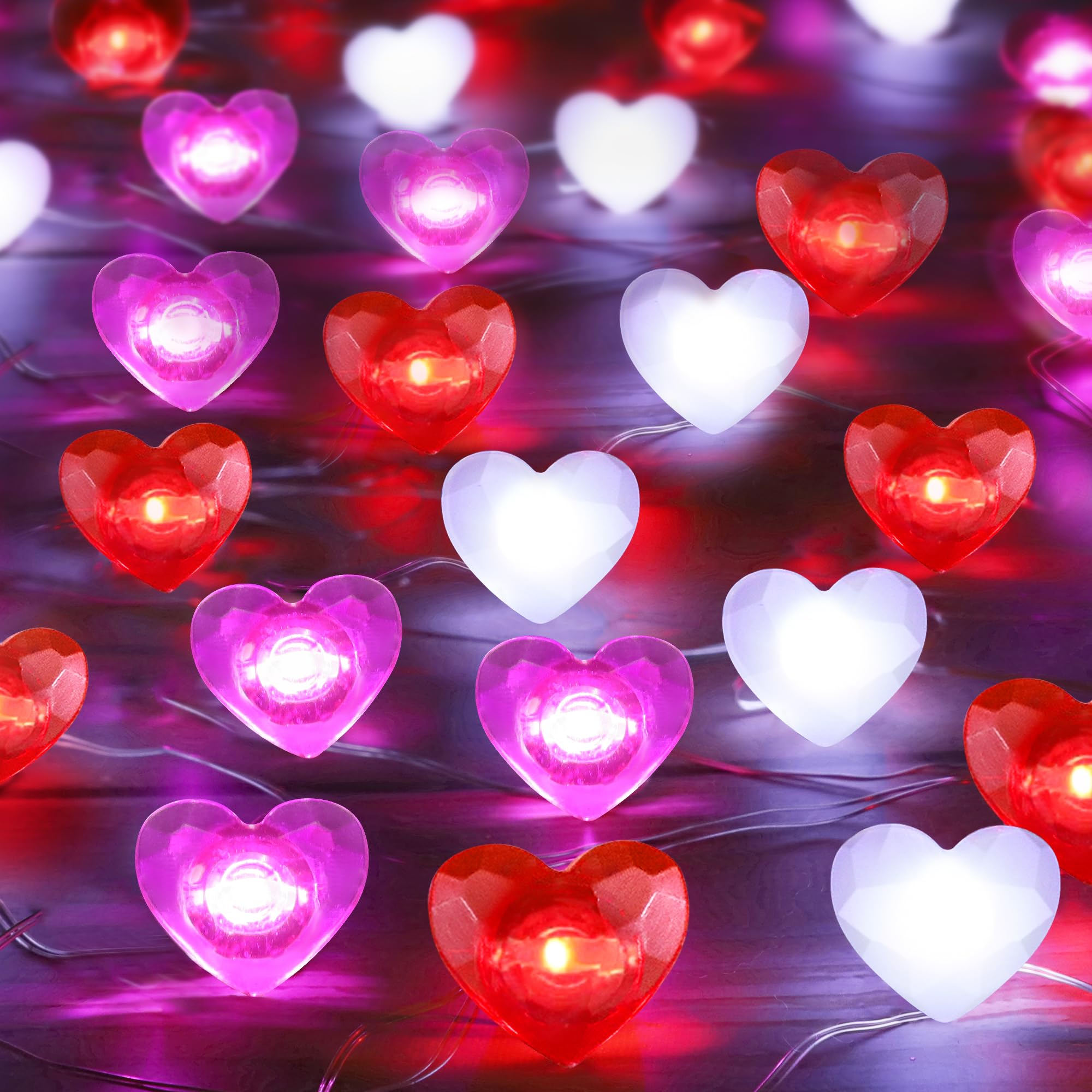 [Timer] 2 Pack Valentines Day Decor 20FT 60 LED Heart Twinkle Fairy Lights Battery Operated, 8 Modes Romantic Red Pink White Hea