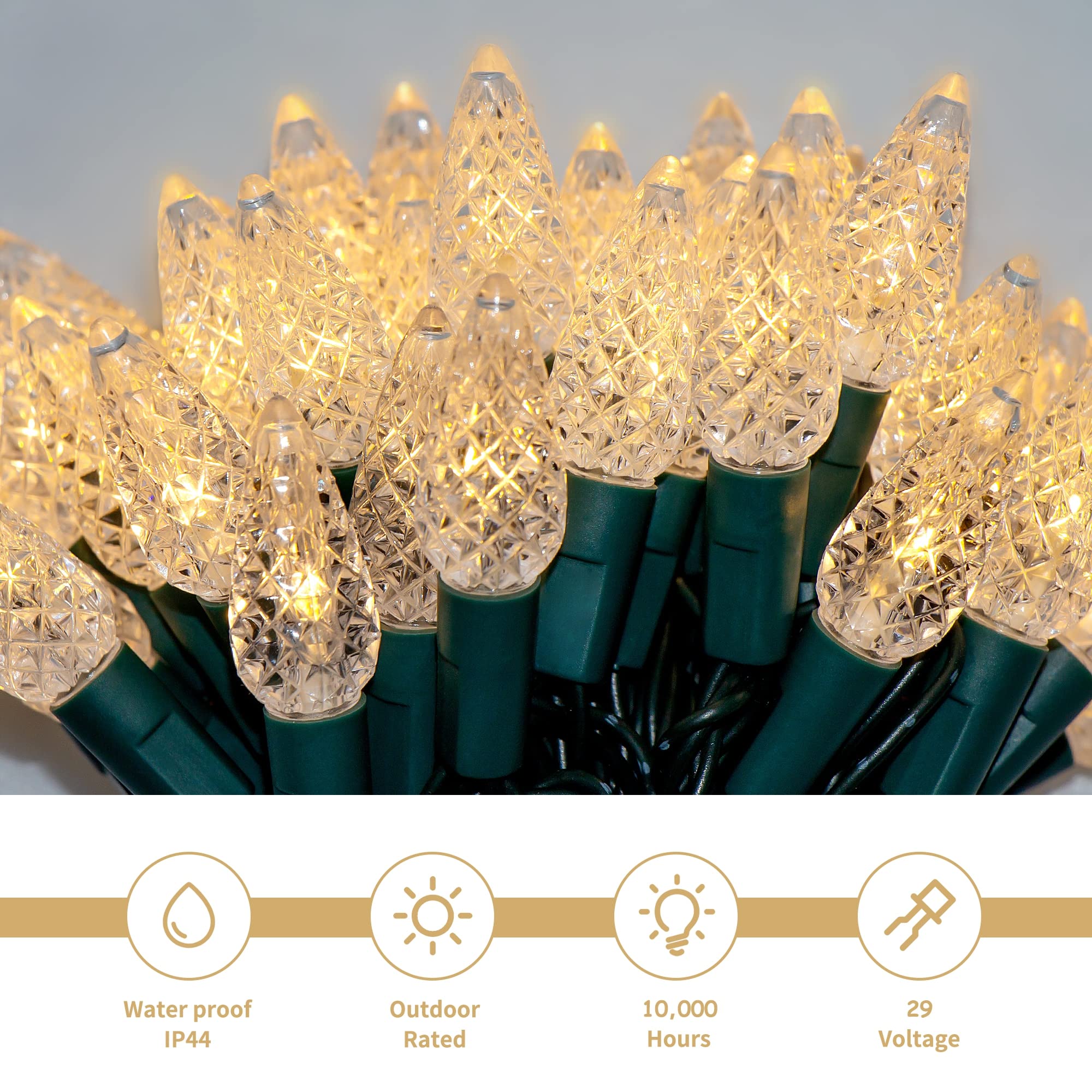 WATERGLIDE Christmas Lights 33ft 100 LED Warm White Faceted String Lights Green Wire Waterproof 8 Lighting Modes Indoor Outdoor